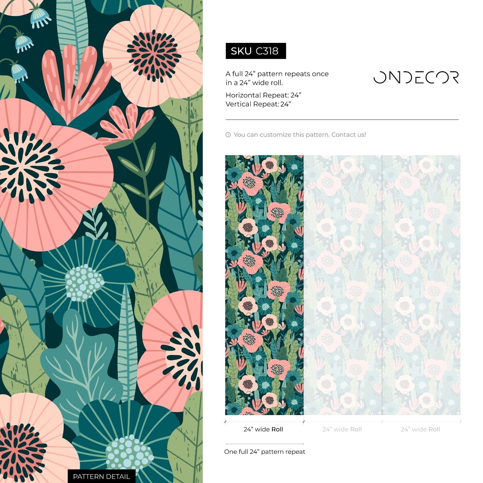 Botanical Wallpaper With Stylized Poppies In Pink, Green, And Teal - C318