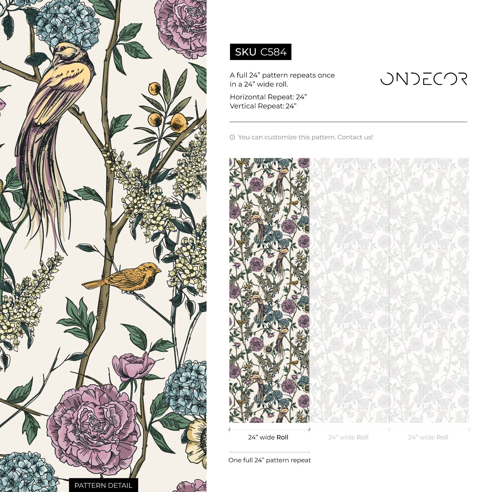 Chinoiserie Wallpaper With Exotic Birds And Blooms In Purple, Blue, And Yellow - C584