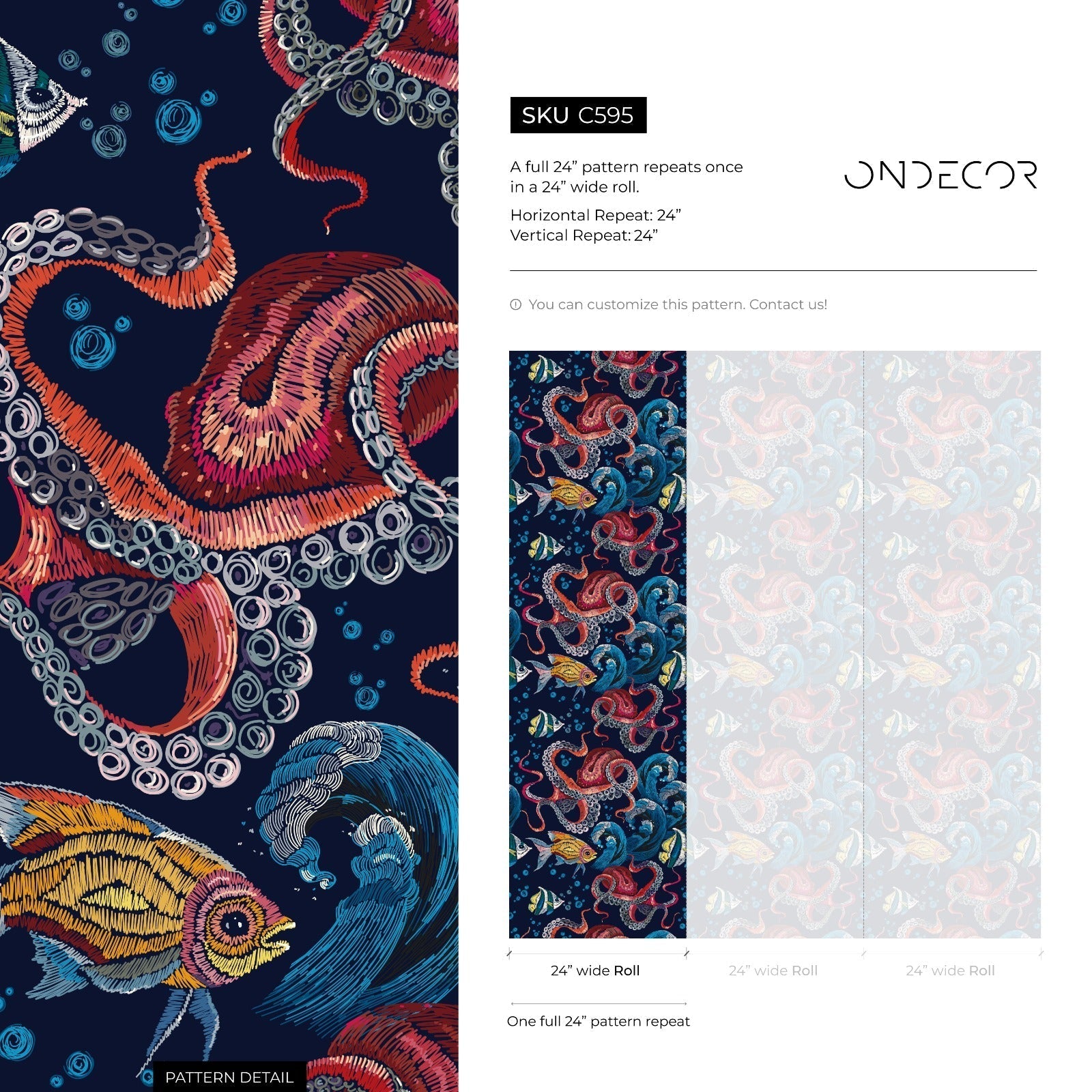 Coastal Wallpaper With An Embroidered Octopus And Fish In Blue, Red, And Yellow - C595