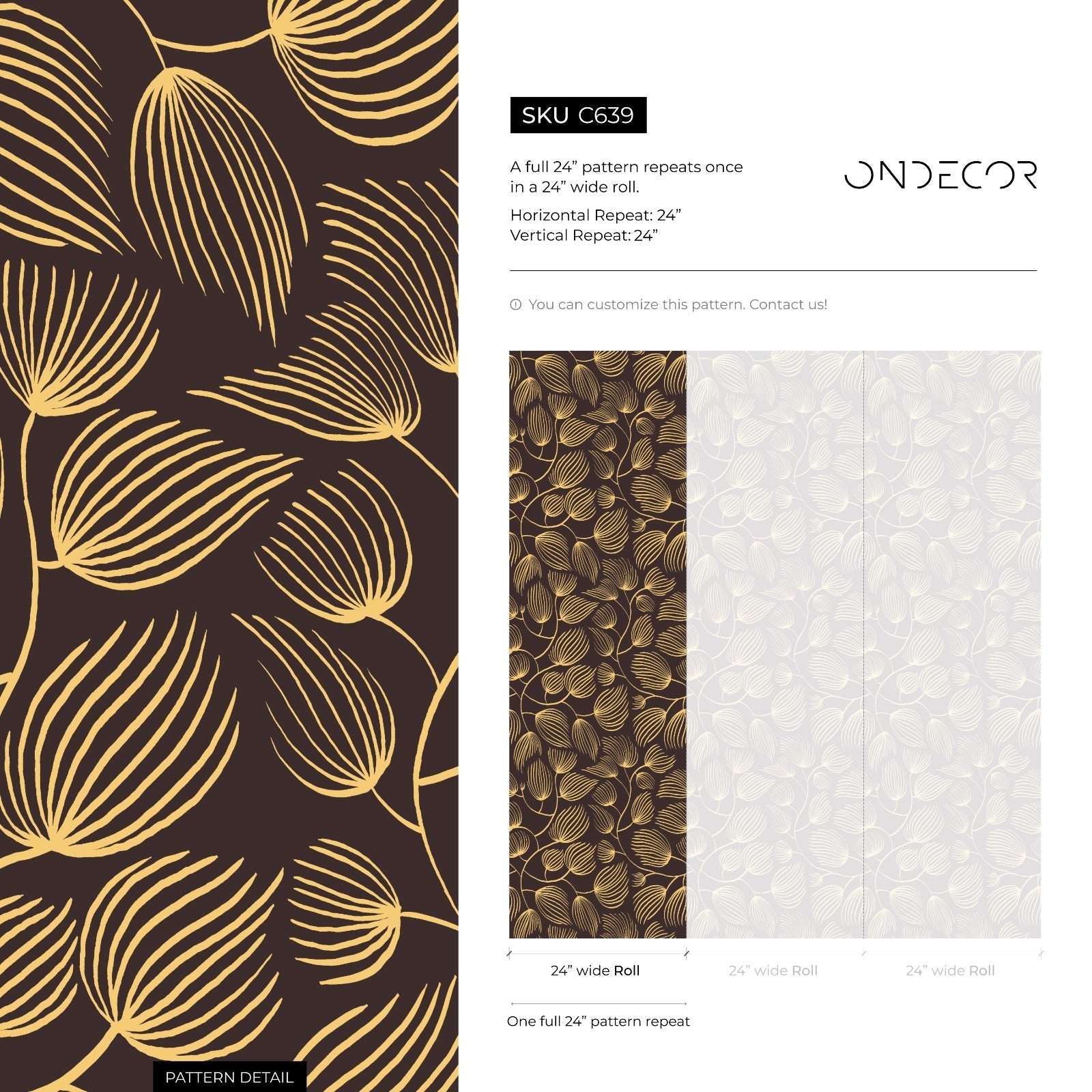 Floral Wallpaper With A Stylized Leaf Motif In Yellow And Brown - C639