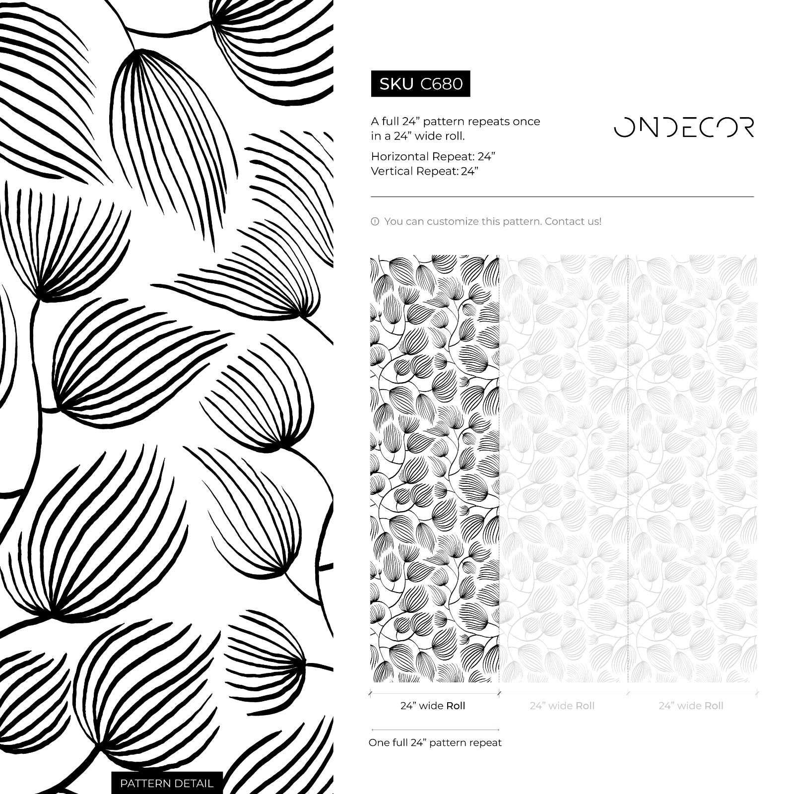 Botanical Wallpaper With A Flowing Line Art Leaf Motif In Black And White - C680
