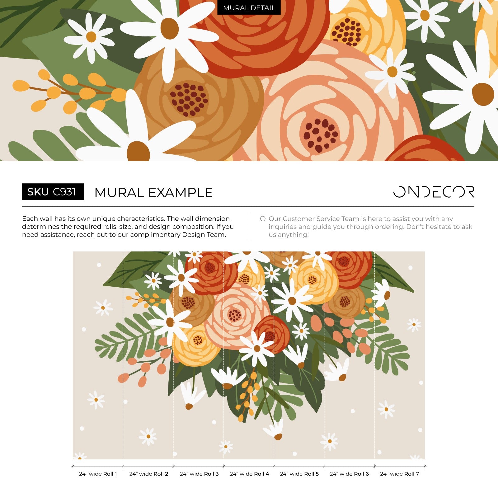 Floral Wallpaper With A Bold Bouquet In Orange, Yellow, And Green - C931