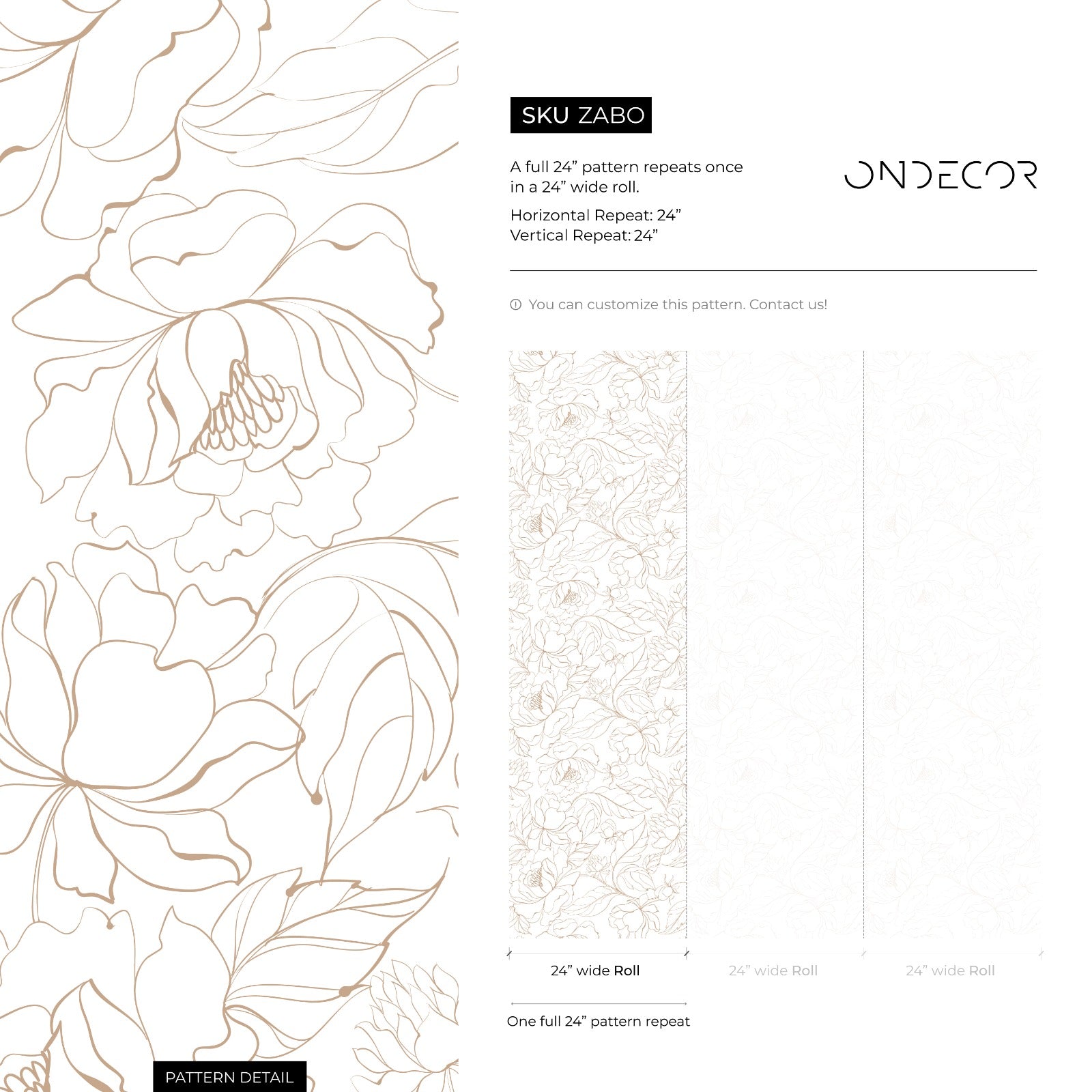 Floral Wallpaper Featuring Delicate Line Art Peonies In Tan - Zabo