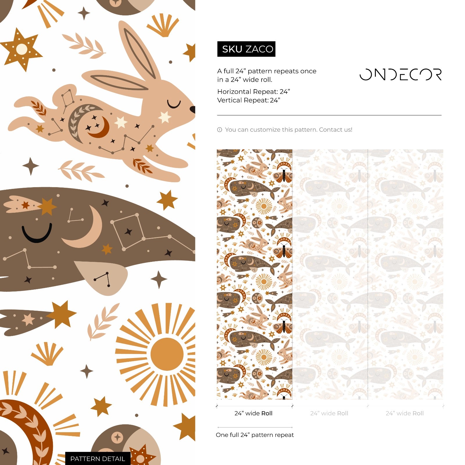 Celestial Wallpaper With Whales And Rabbits In Brown, Tan, And Orange - Zaco