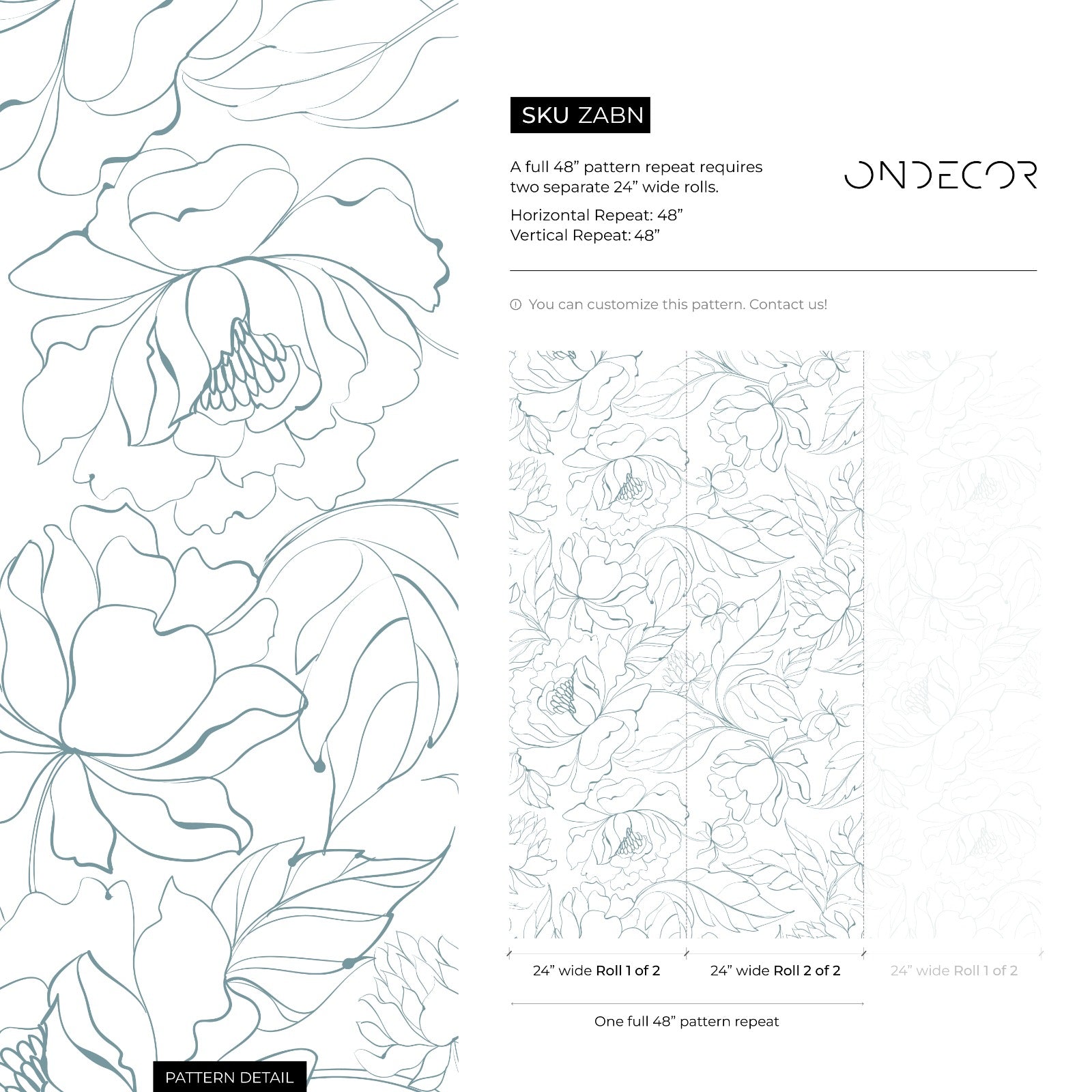 Floral Wallpaper Featuring Minimalist Peony Line Art In Dusty Blue - Zabn
