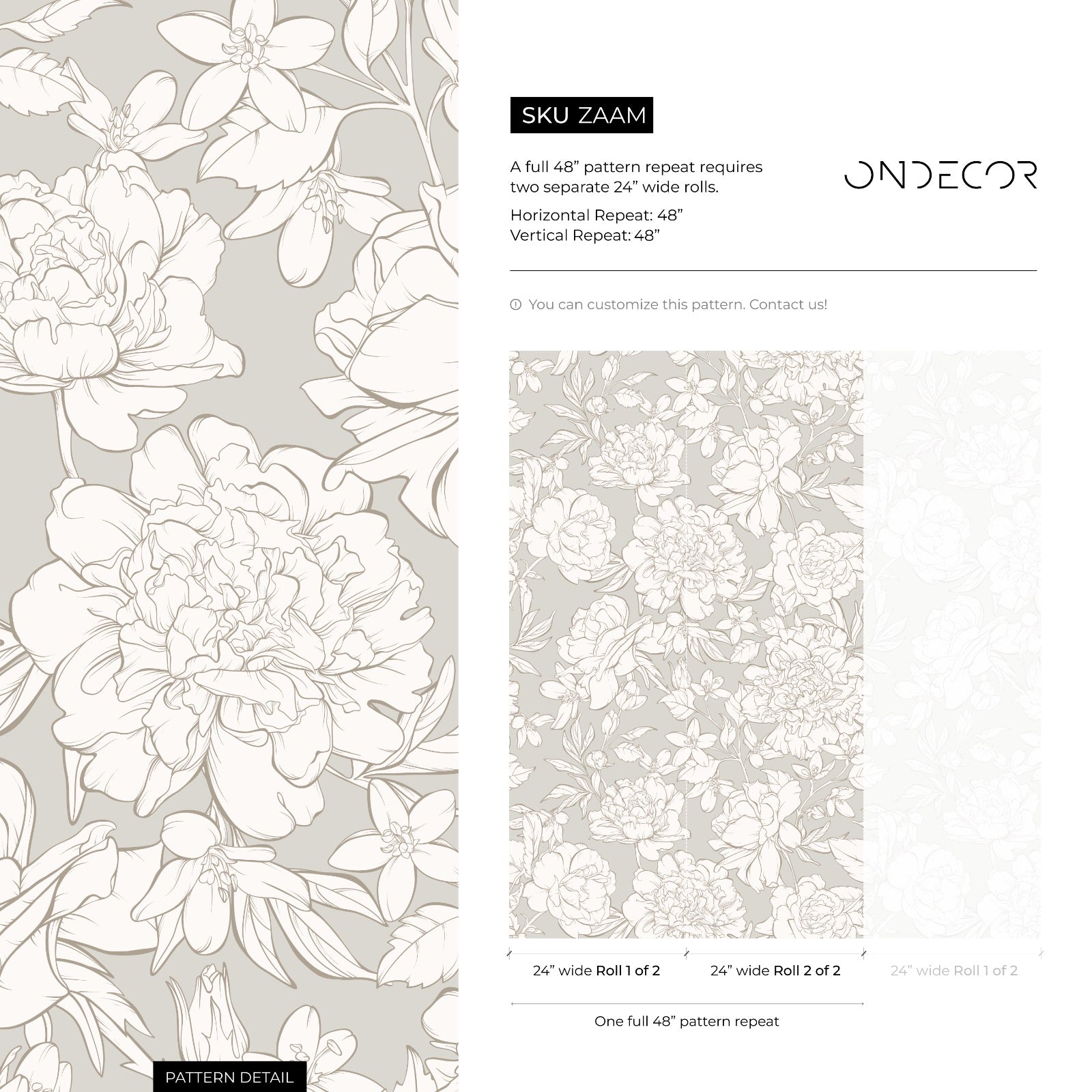 Floral Wallpaper With Peony And Blossom Outlines In Greige And Off-white - Zaam