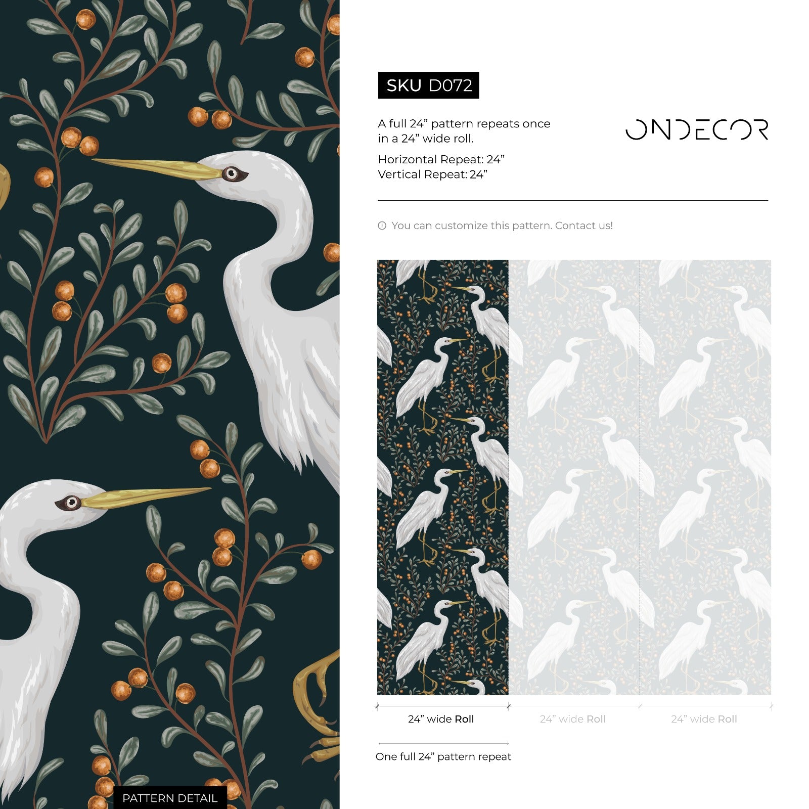 Bird Wallpaper Featuring Elegant Cranes And Berry Branches In Dark Teal And White - D072