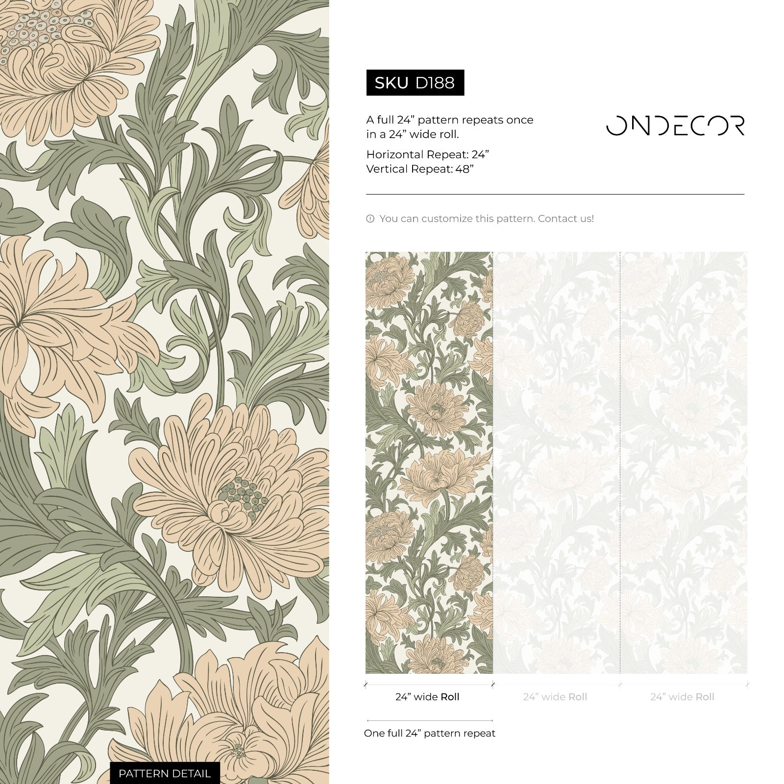 Art Nouveau Wallpaper With Flowing Florals In Beige And Sage Green - D188