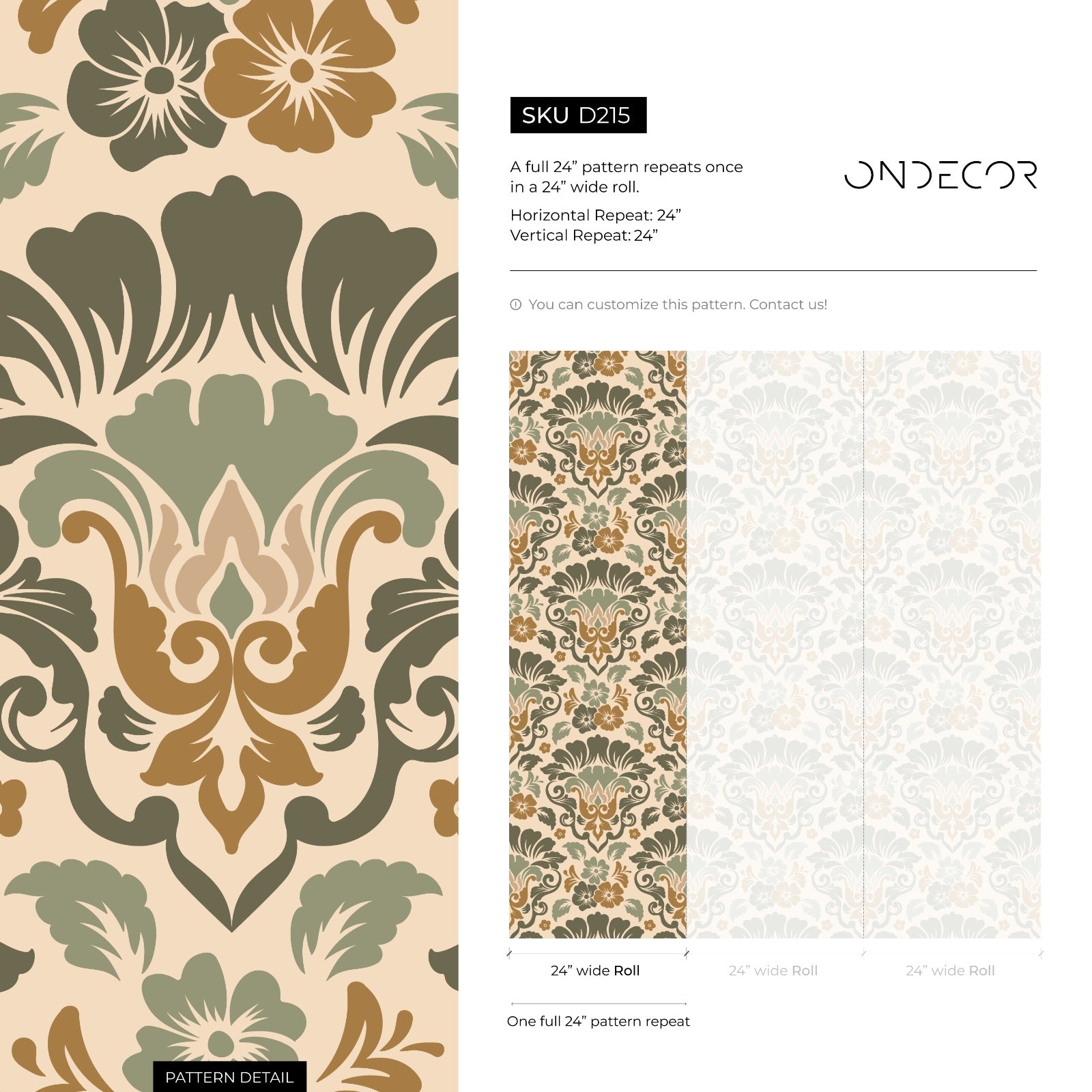 Damask Wallpaper With An Ornate Floral Motif In Green And Brown - D215