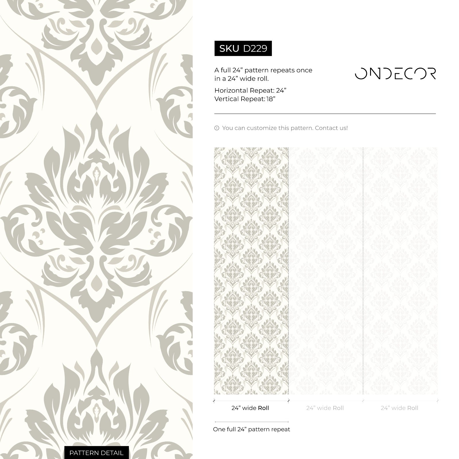 Damask Wallpaper With A Classic Ornate Motif In Neutral Gray And Cream - D229