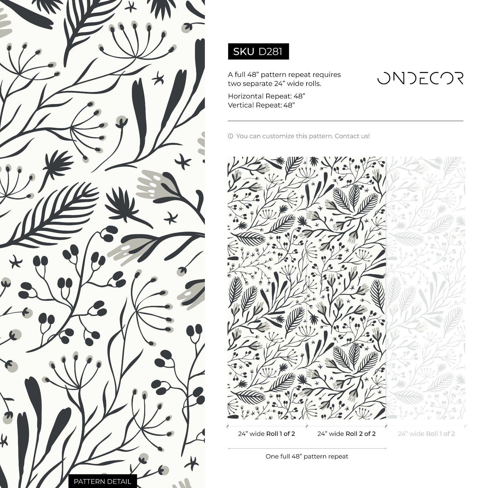 Botanical Wallpaper With Stylized Leaves And Berries In Black And Gray - D281