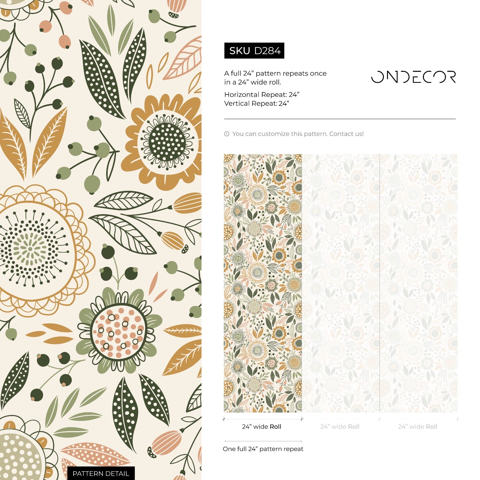 Boho Floral Wallpaper With Stylized Garden Blooms In Green, Ochre, And Pink - D284