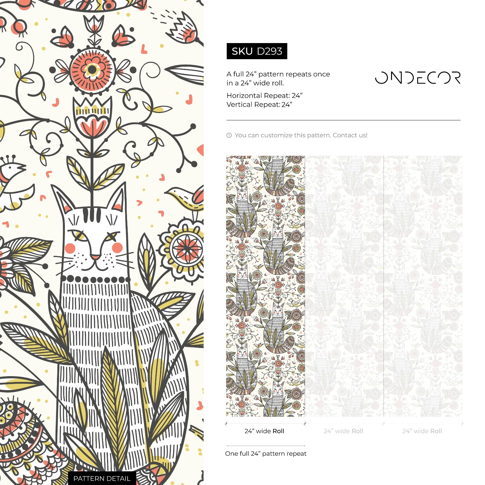 Folk Art Wallpaper With Illustrated Cats And Birds In Red, Green, And Black - D293