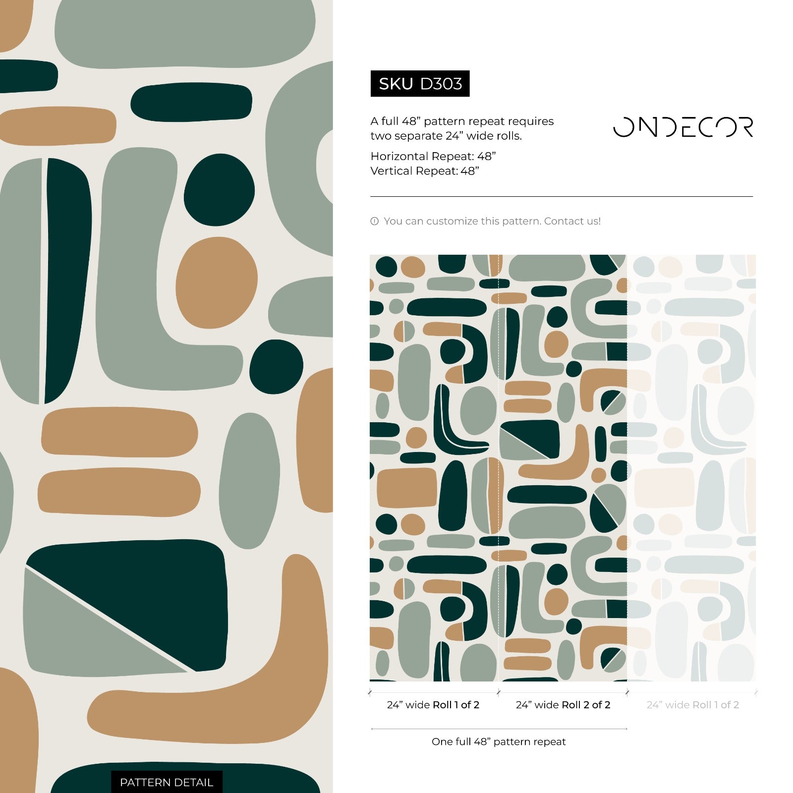 Abstract Wallpaper With Mid-century Modern Shapes In Dark Green, Sage, And Tan - D303