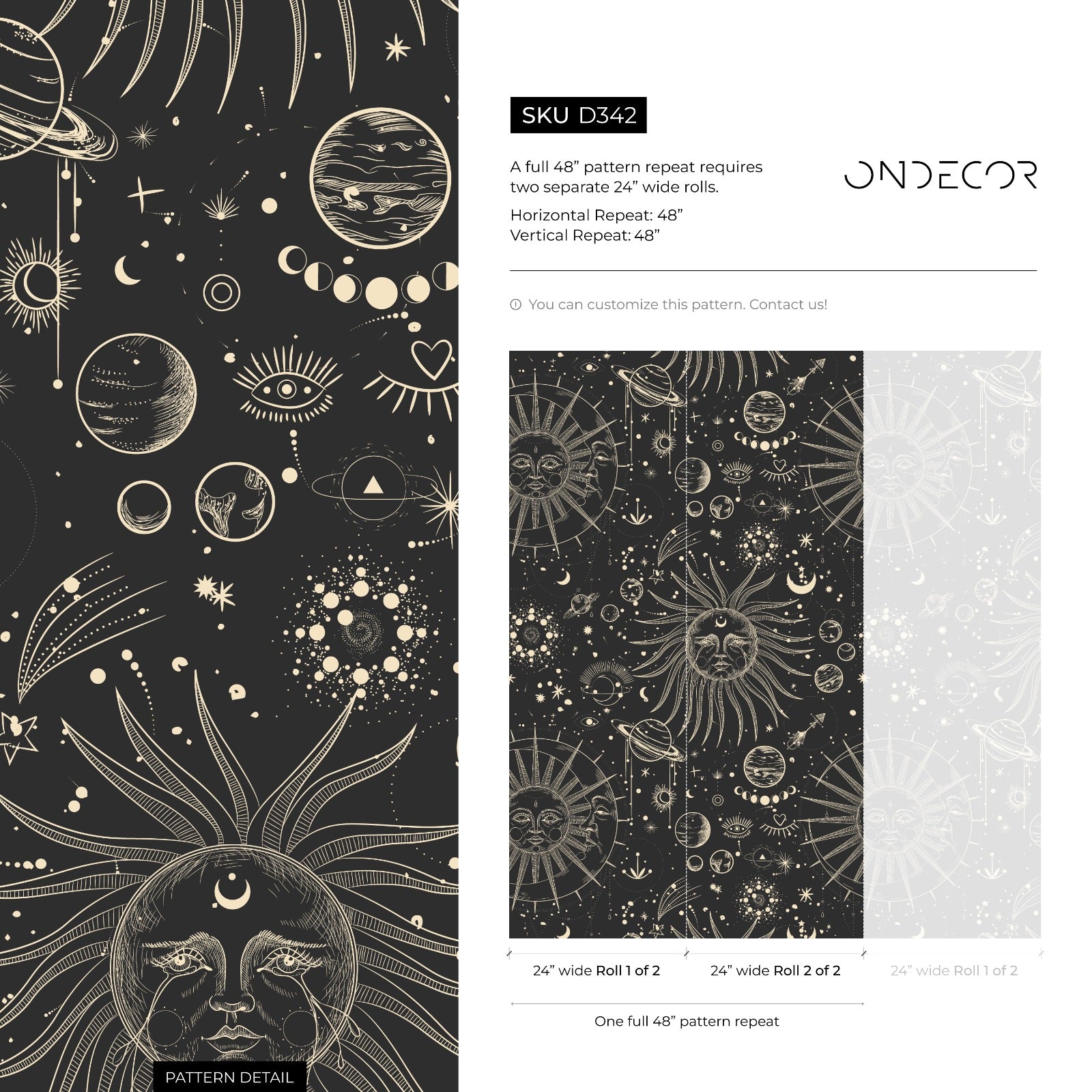 Celestial Wallpaper With Sun And Moon Motifs In Black And Gold - D342