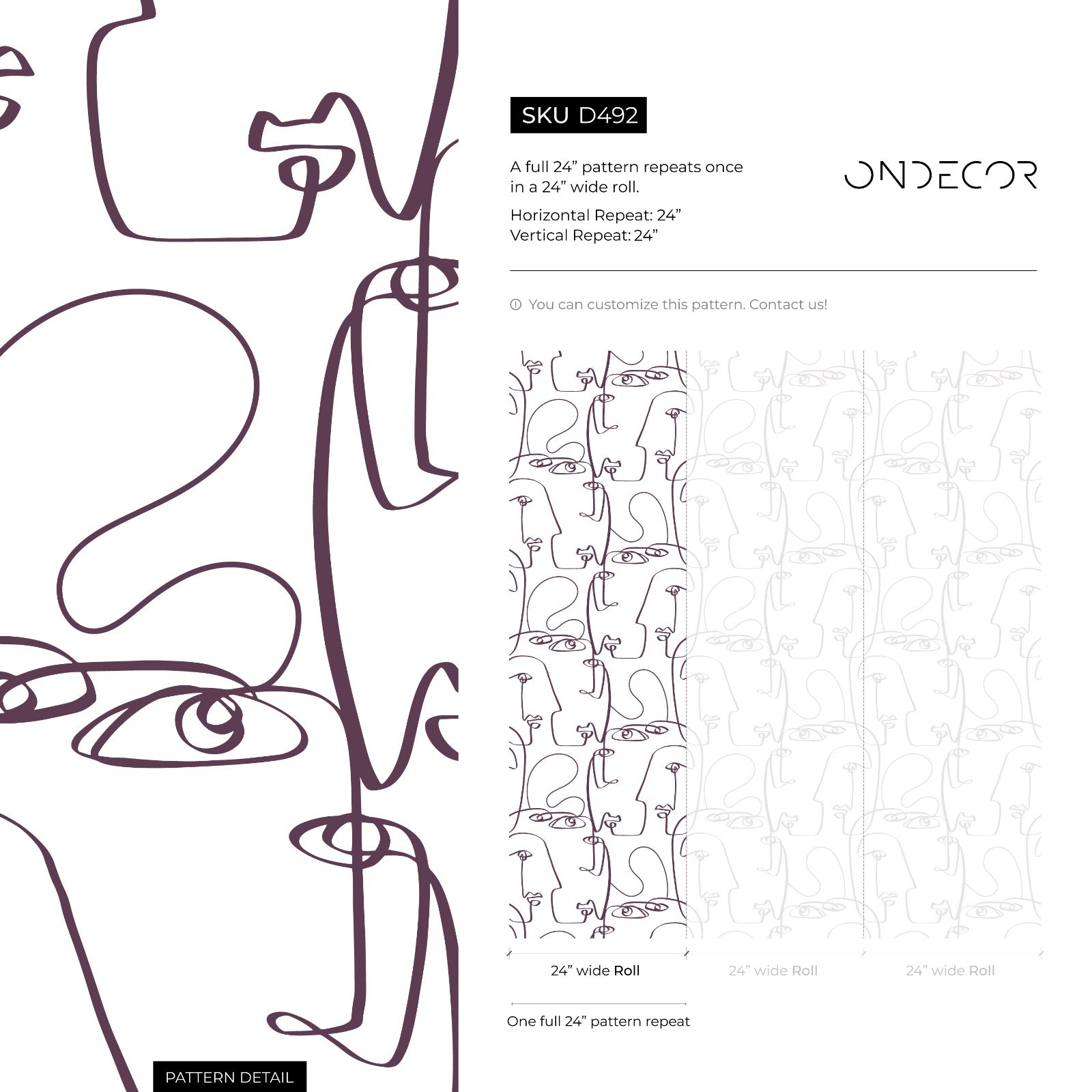 Line Art Wallpaper With A Continuous Face Motif In Dark Purple - D492