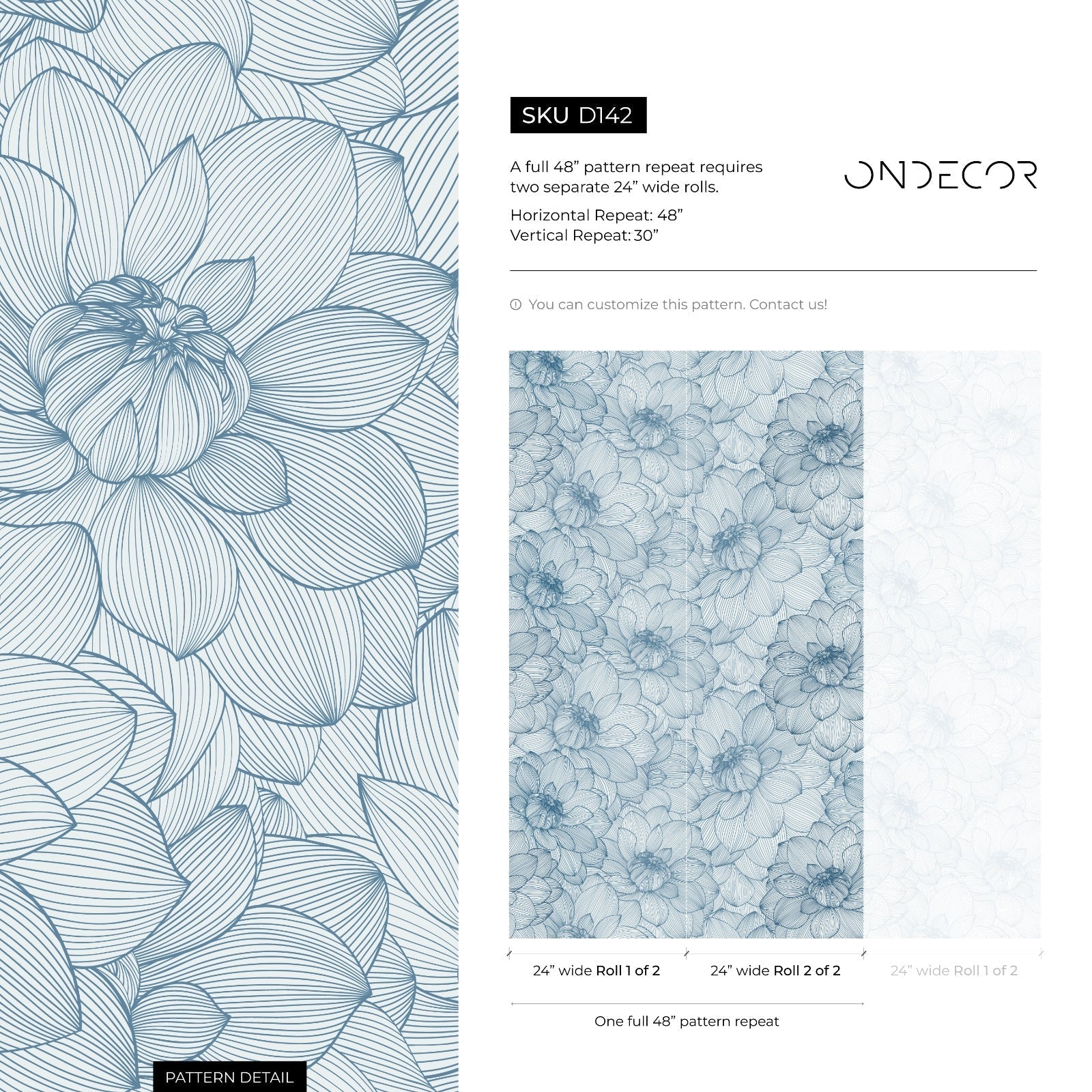 Floral Wallpaper With A Delicate Peony Line Drawing In Blue And Gray - D142