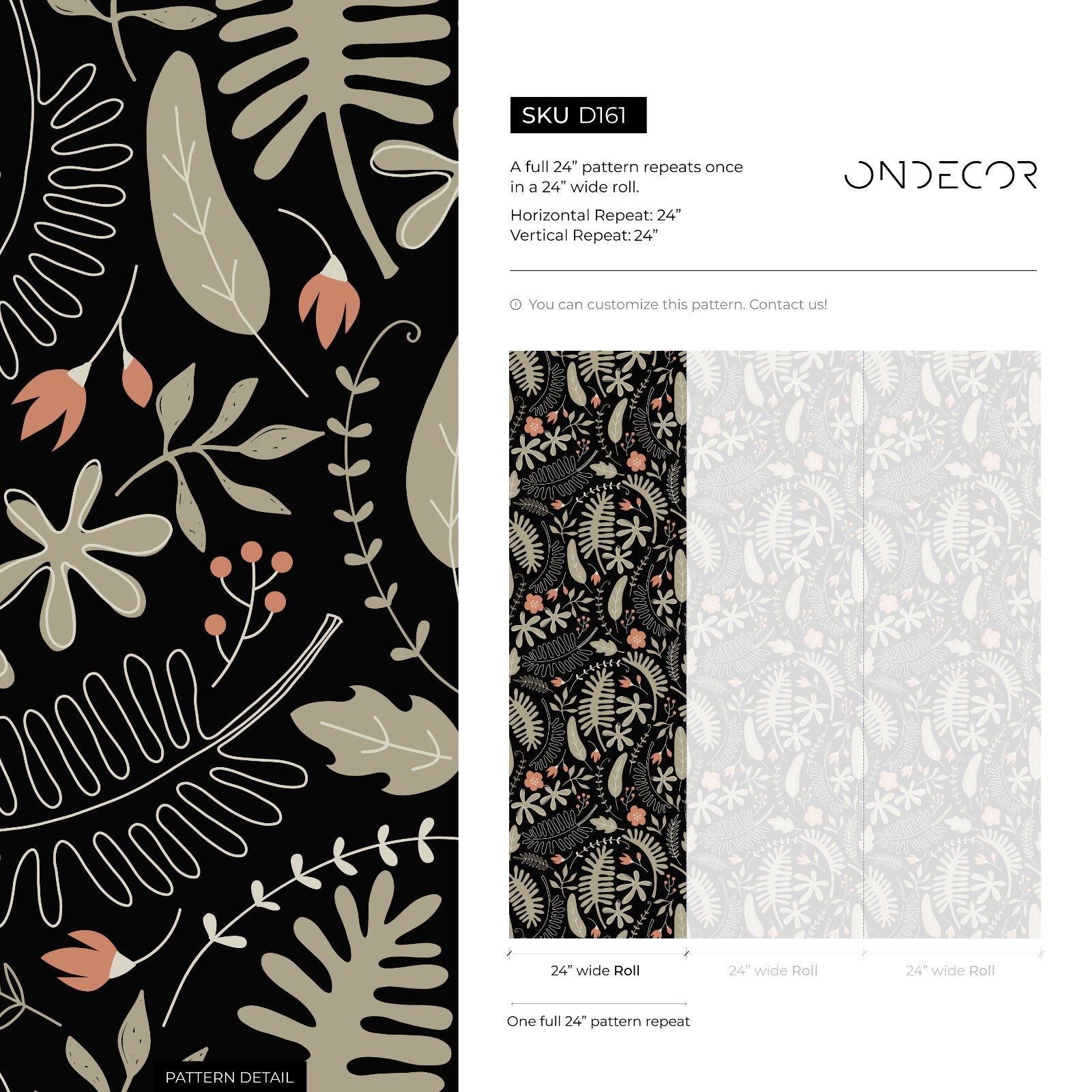 Botanical Wallpaper With A Stylized Fern Motif In Black, Beige, And Pink - D161