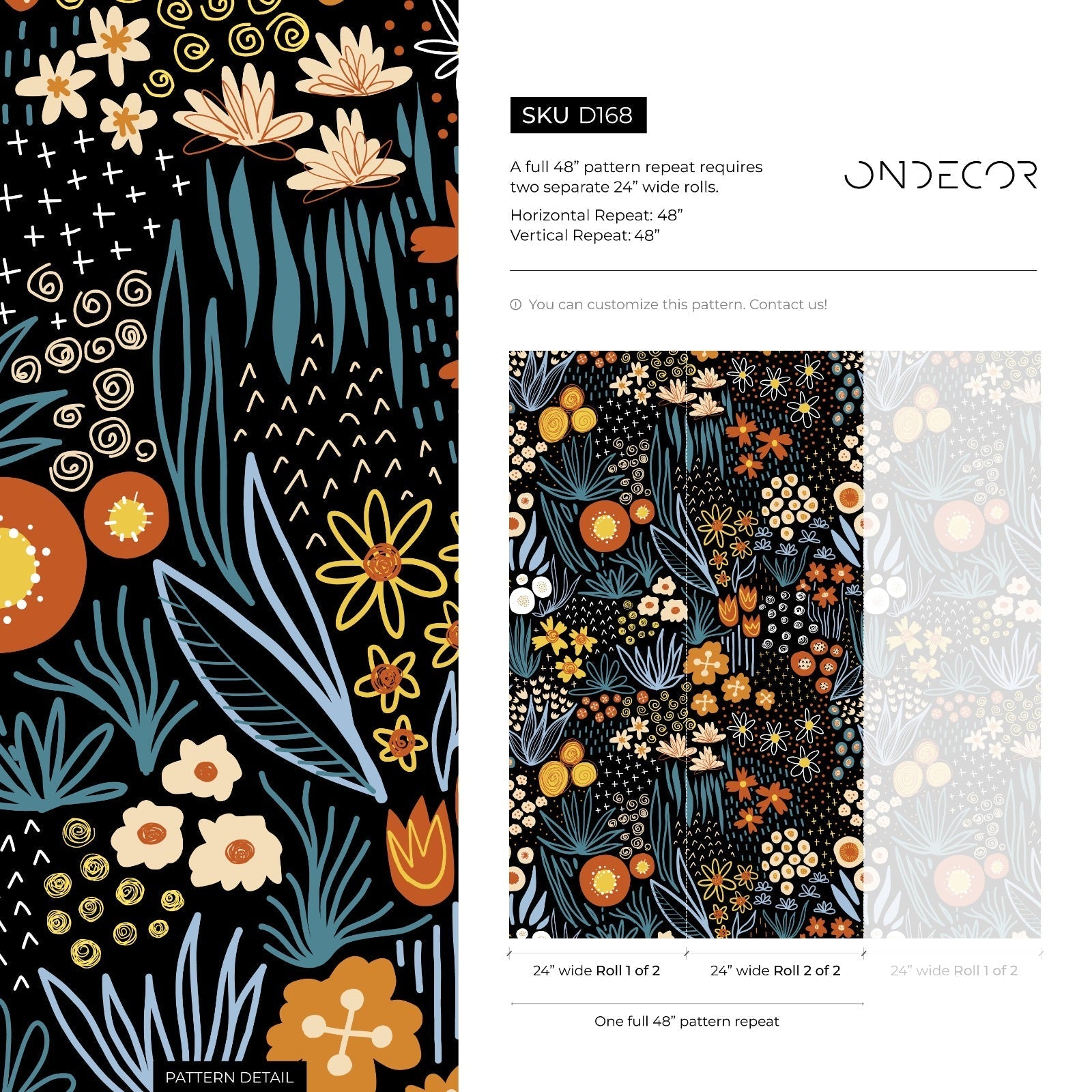 Floral Wallpaper With Stylized Wildflowers In Black, Orange, And Blue - D168