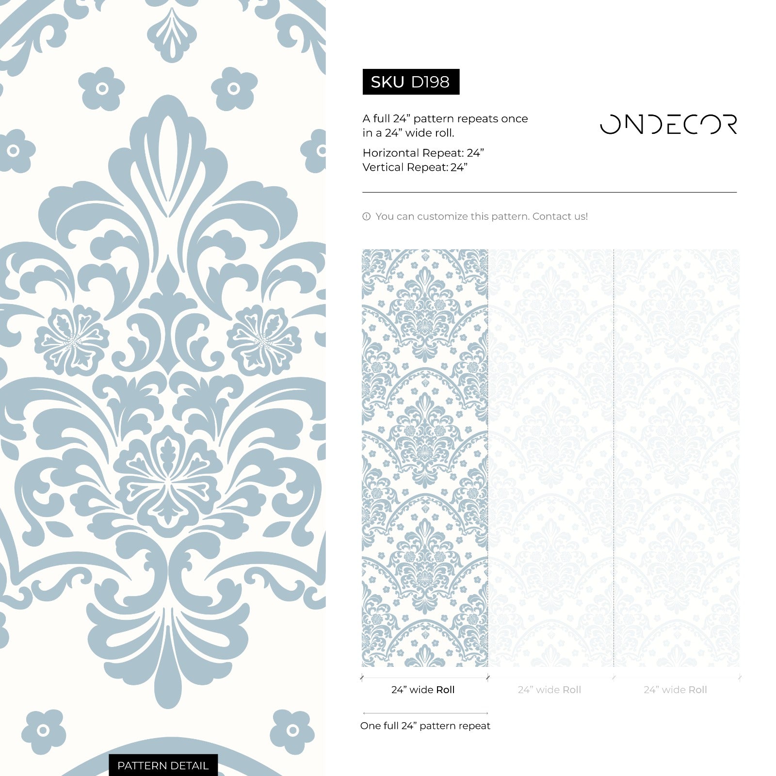 Damask Wallpaper With A Scalloped Floral Motif In Light Blue And Cream - D198