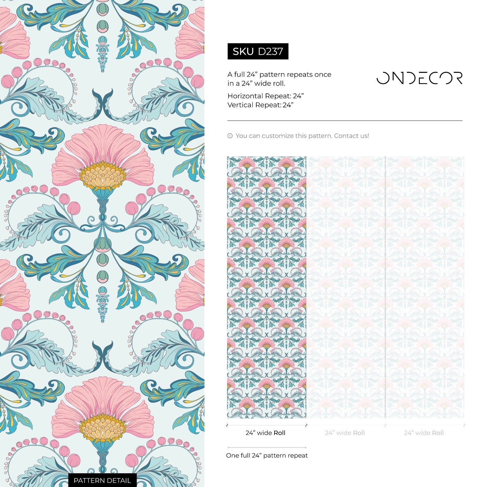 Floral Wallpaper With A Stylized Damask Motif In Pink, Teal, And Yellow - D237