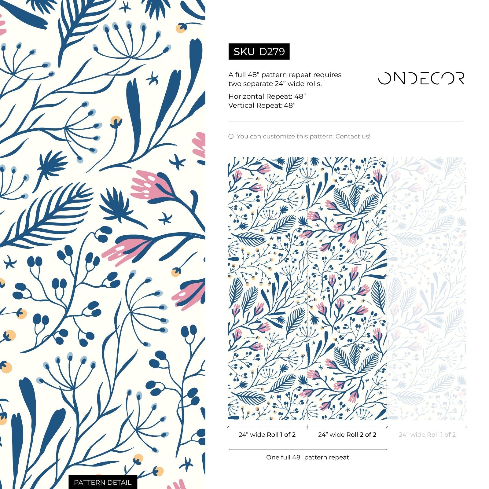 Scandinavian Wallpaper With A Folk Art Floral Motif In Blue, Pink, And Yellow - D279