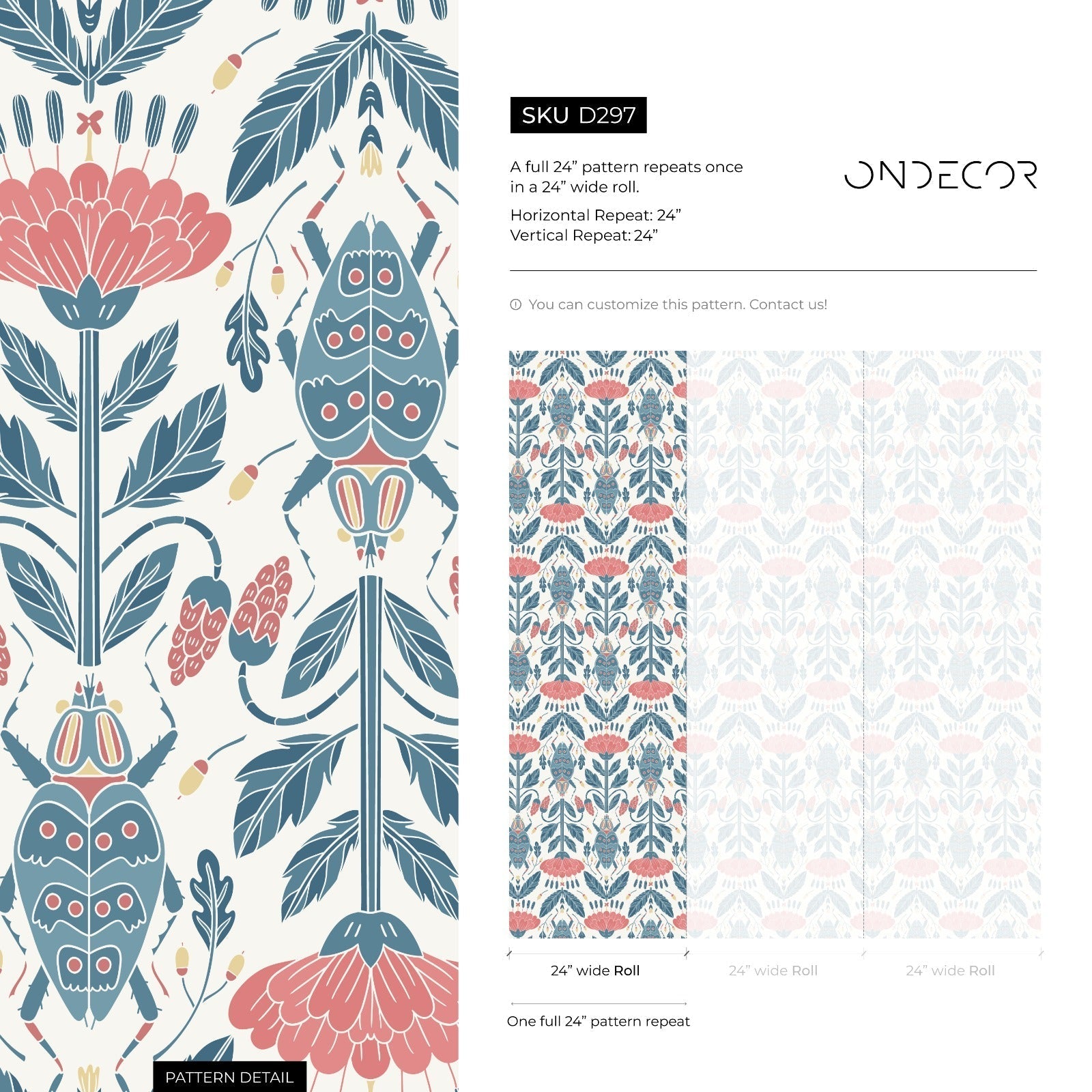 Botanical Wallpaper Featuring Stylized Beetles And Flowers In Pink And Blue - D297