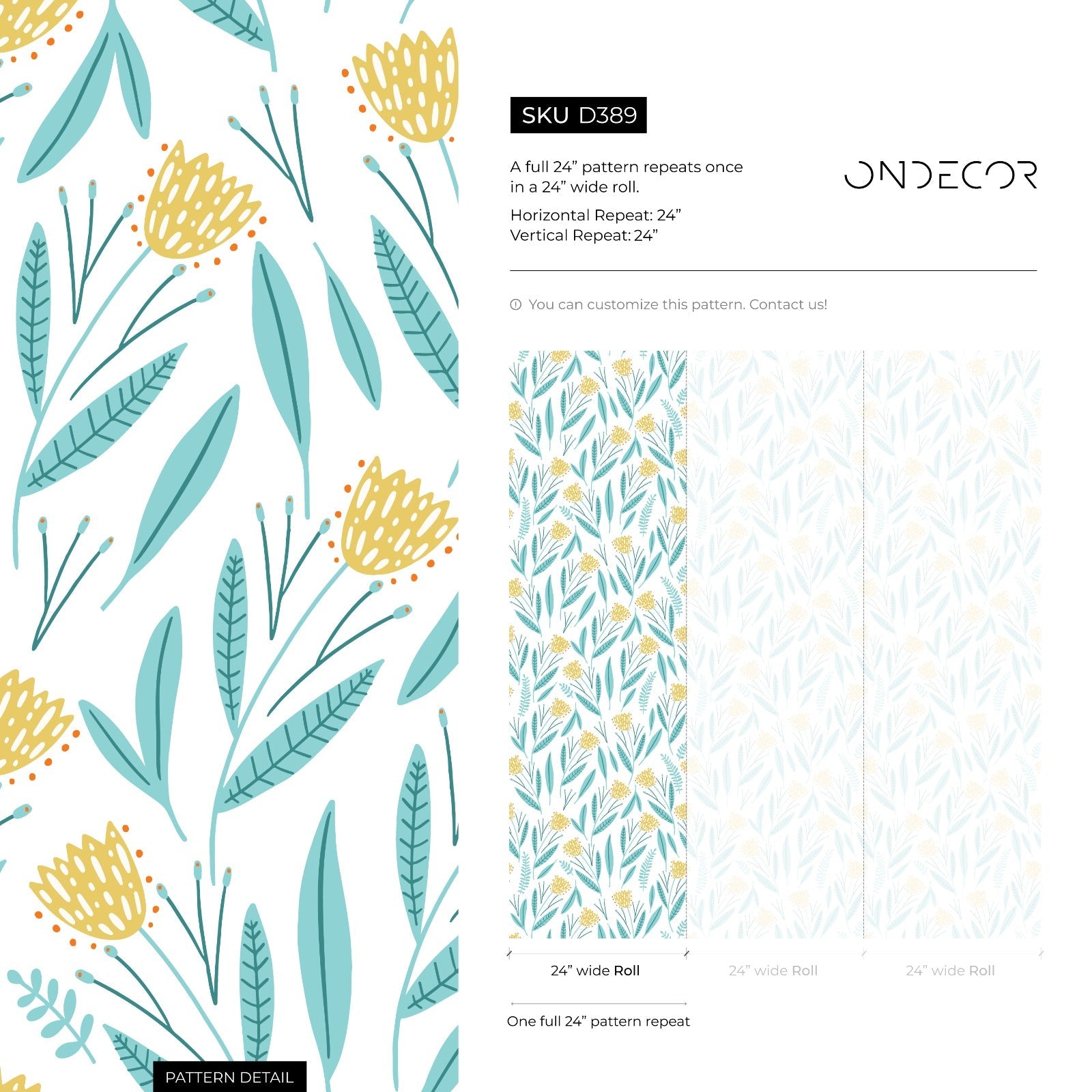 Floral Wallpaper With A Stylized Wildflower Motif In Yellow And Light Blue - D389
