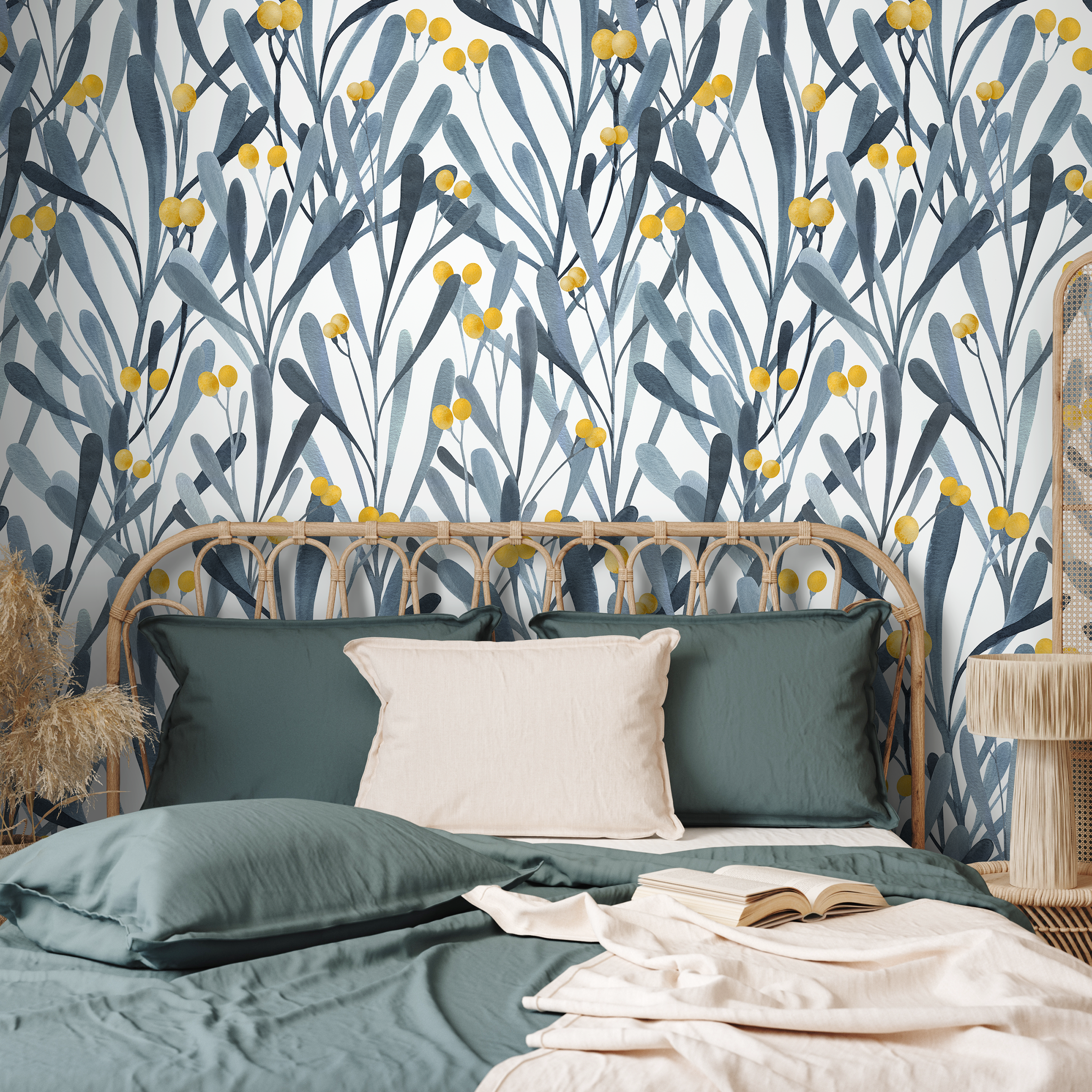 Botanical Wallpaper With Stylized Berries And Leaves In Blue And Yellow - X059