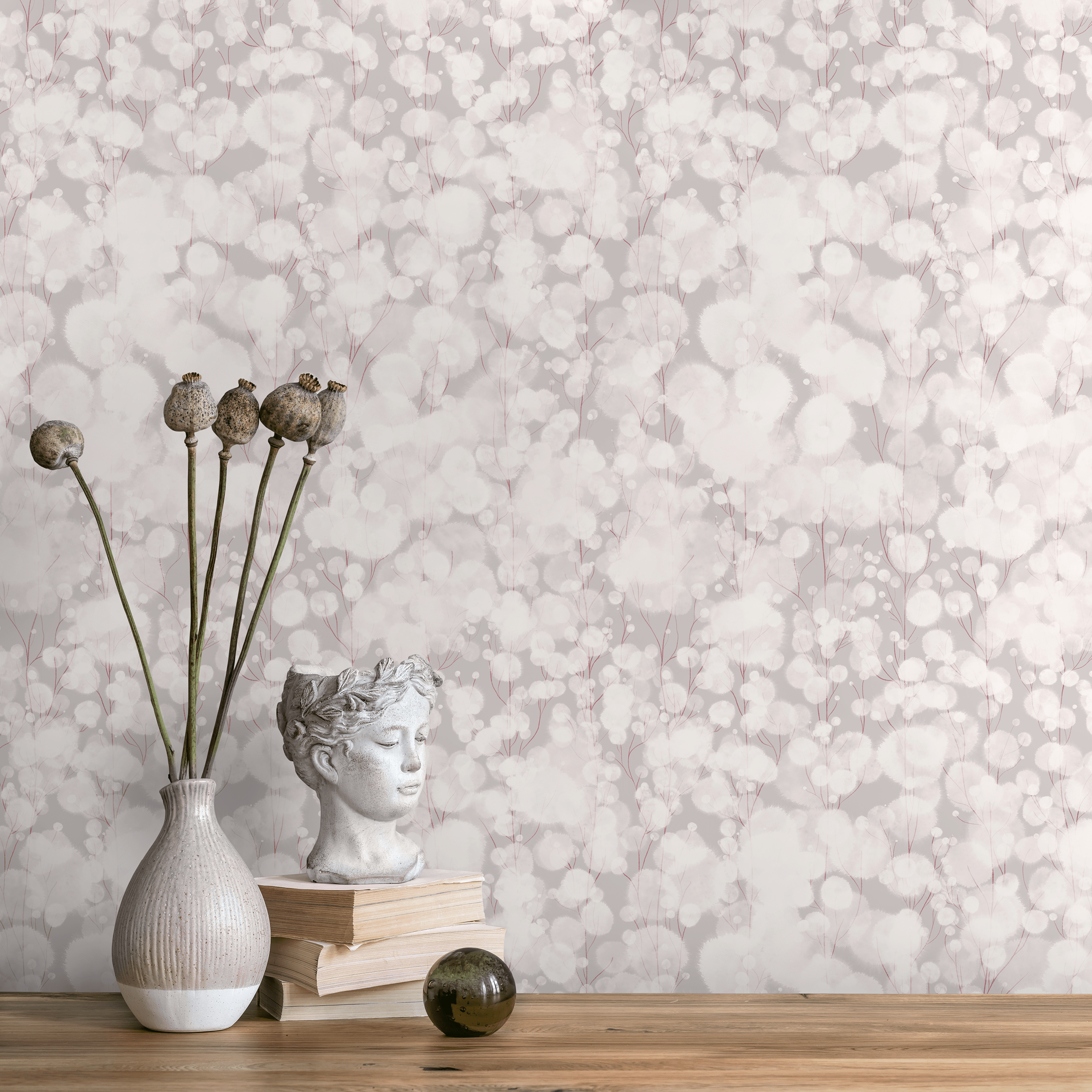 Abstract Wallpaper With Delicate Blooming Branches In Gray And Red - X128