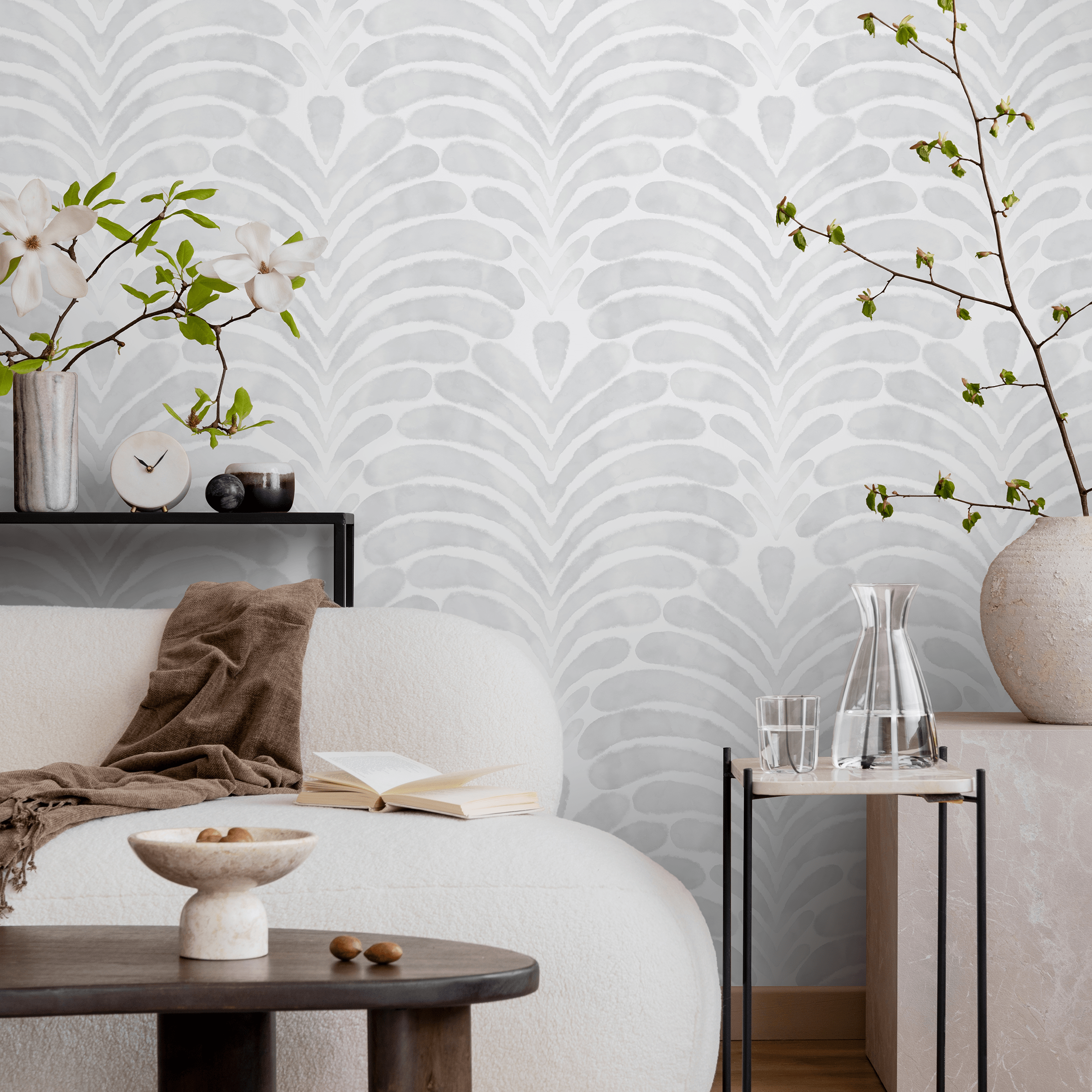 Botanical Wallpaper With A Modern Palm Leaf Motif In Light Gray - X138