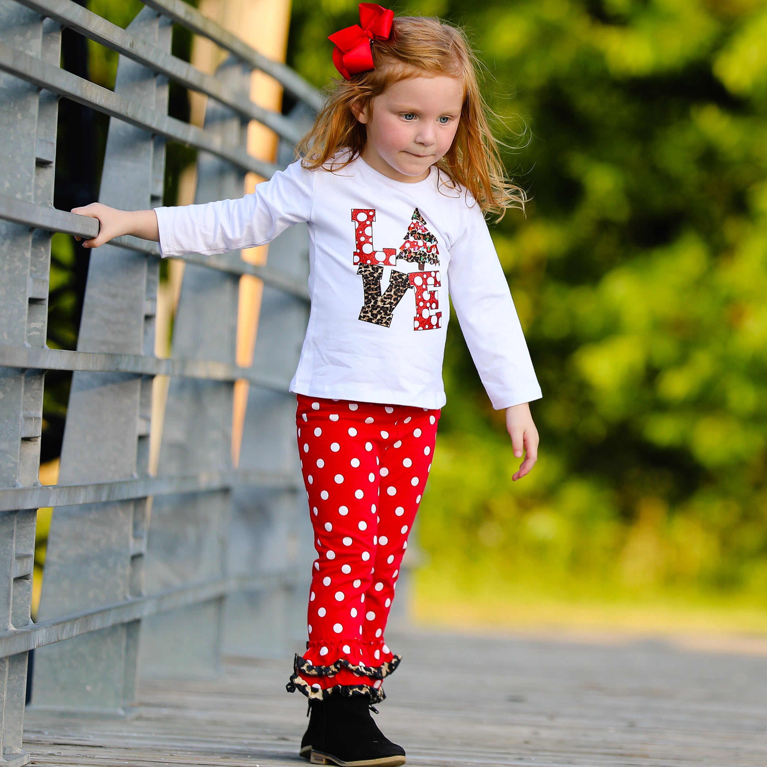 Girls Love Christmas Top & Red Polka Dot Ruffle Pants Set