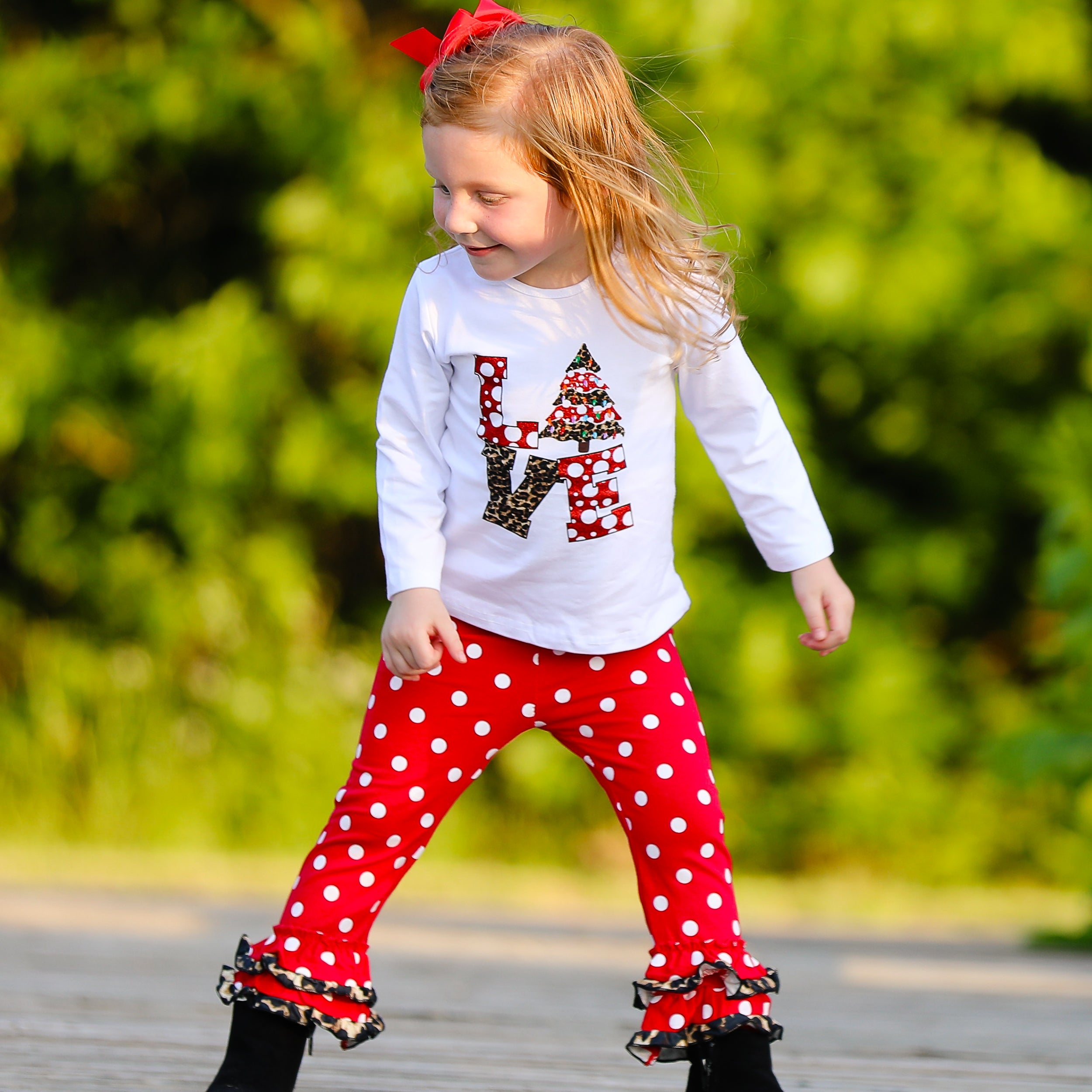 Girls Love Christmas Top & Red Polka Dot Ruffle Pants Set