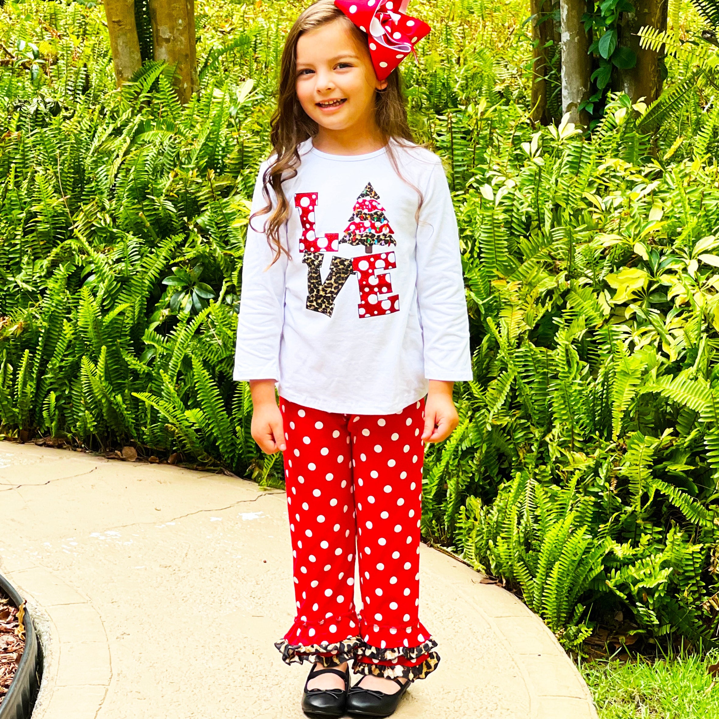 Girls Love Christmas Top & Red Polka Dot Ruffle Pants Set