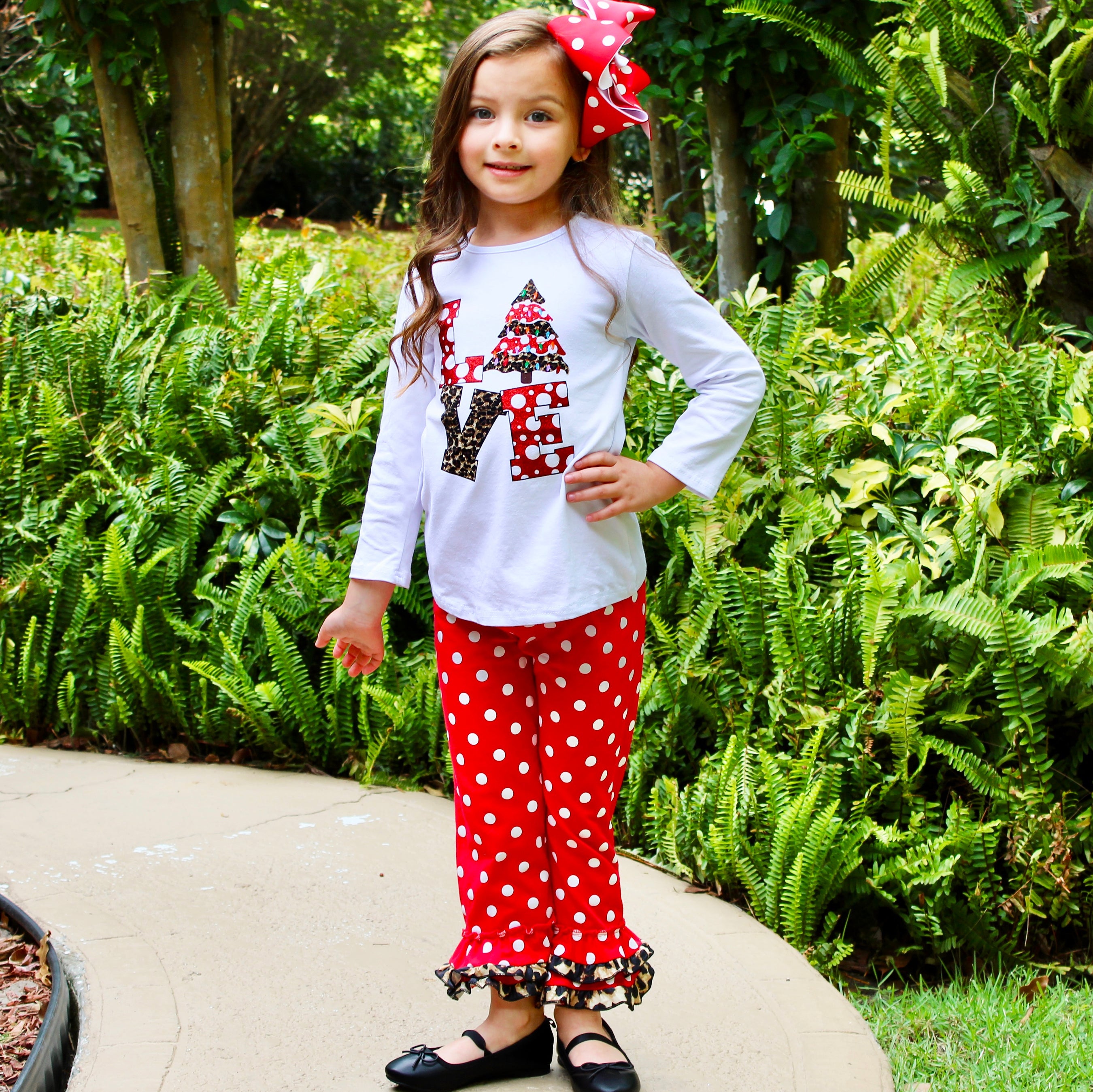 Girls Love Christmas Top & Red Polka Dot Ruffle Pants Set