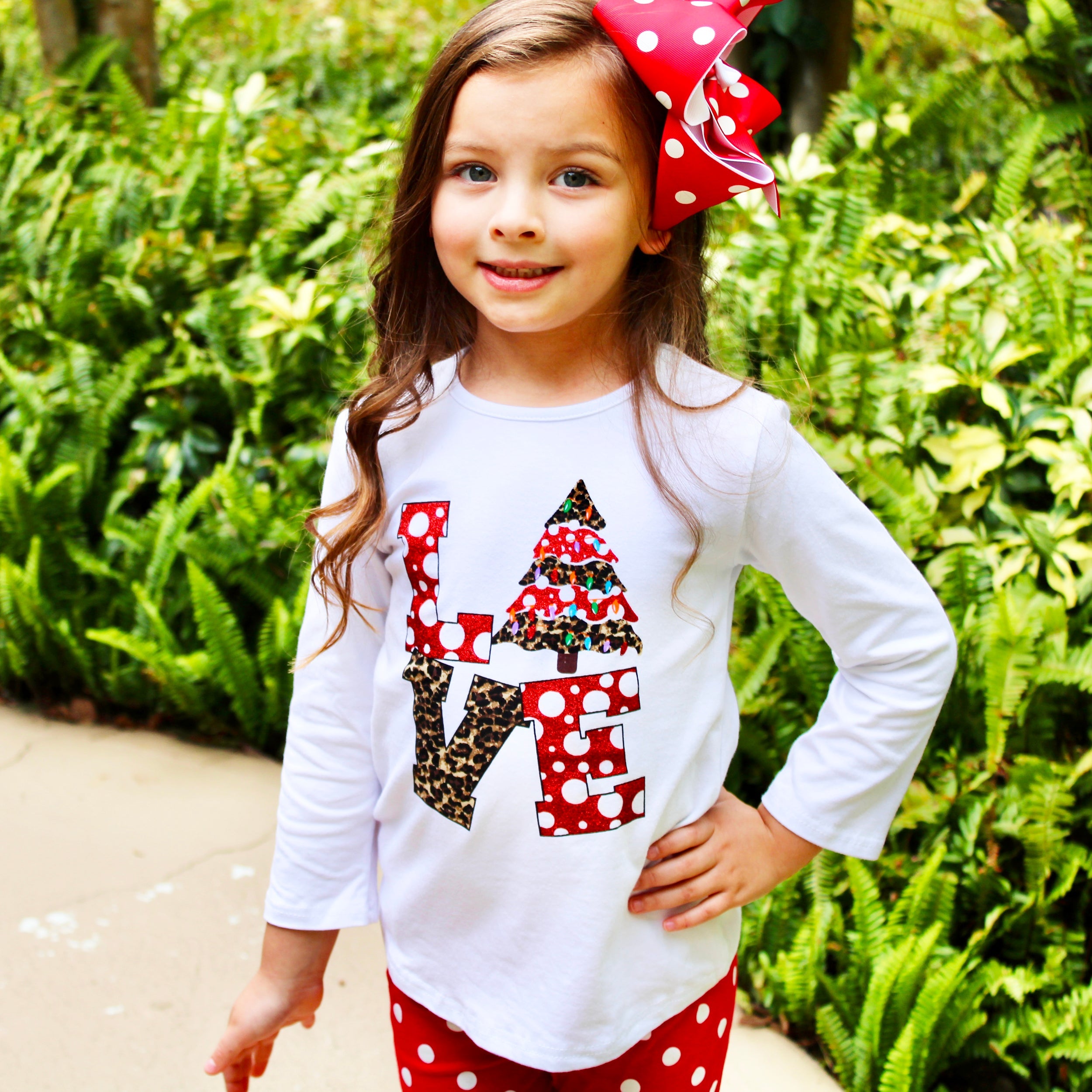 Girls Love Christmas Top & Red Polka Dot Ruffle Pants Set