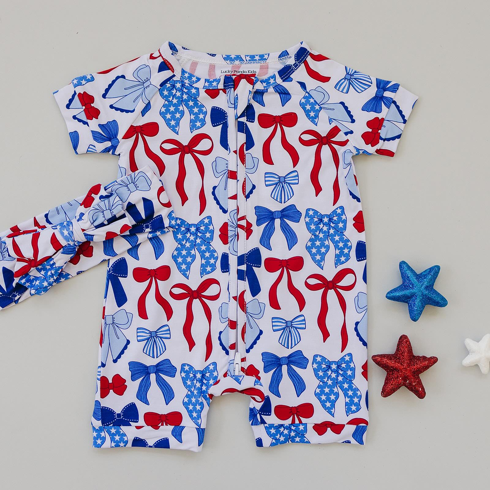 Bamboo Shorty Romper | Red-white & Bows