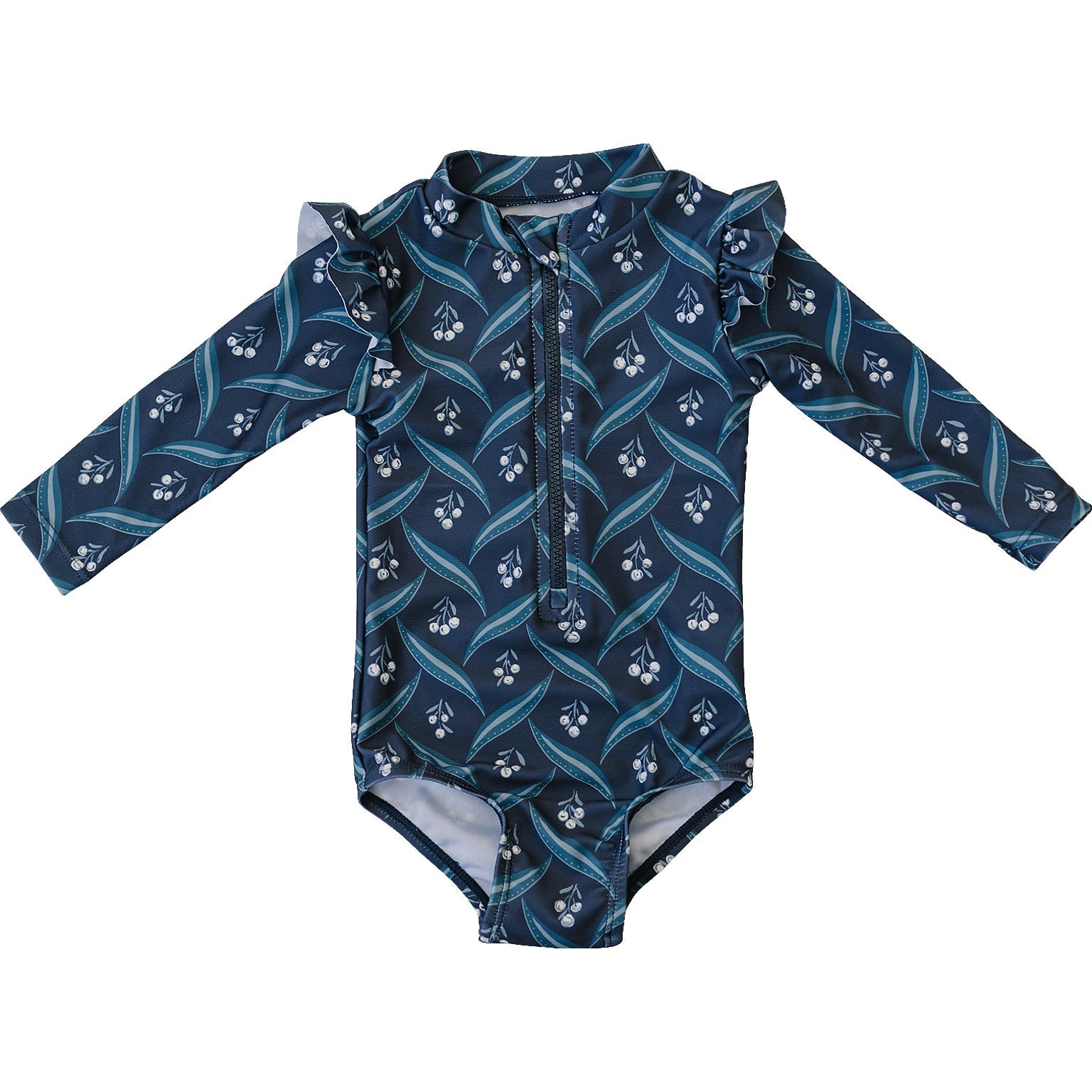 Navy Berry Long Sleeve Ruffle Zipper One-piece