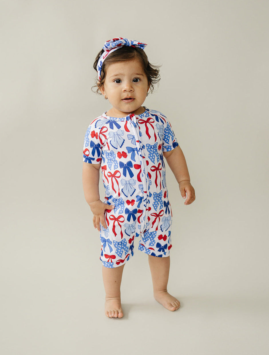 Bamboo Shorty Romper | Red-white & Bows