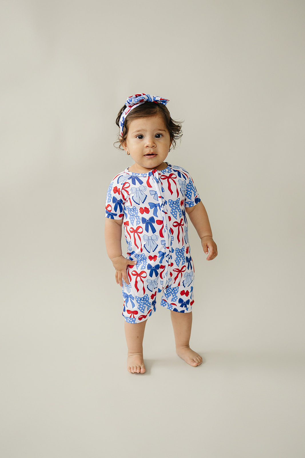 Bamboo Shorty Romper | Red-white & Bows