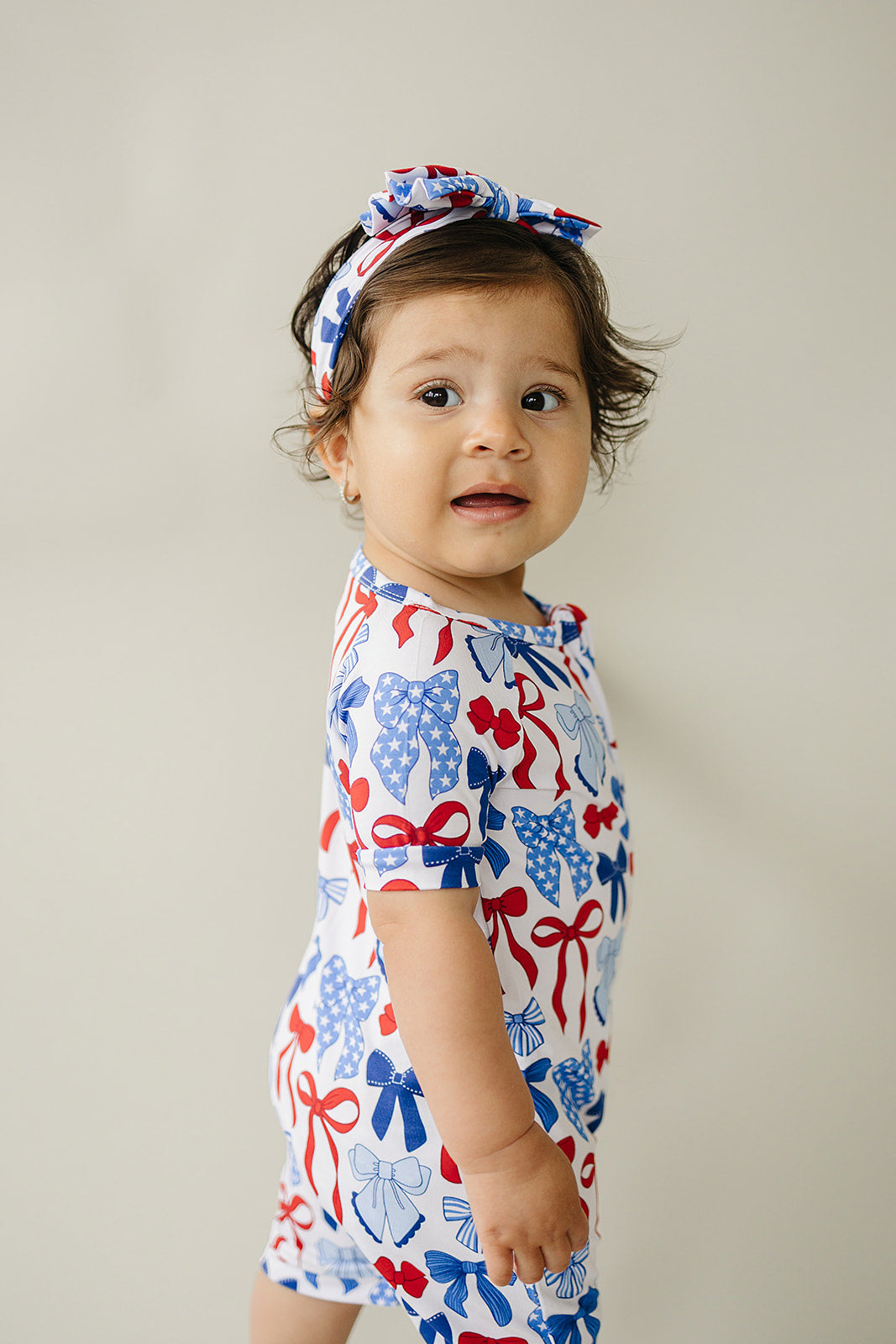 Bamboo Shorty Romper | Red-white & Bows