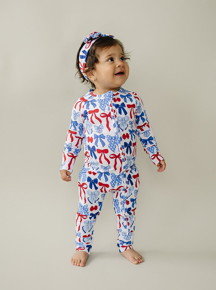 Bamboo Zip Romper | Red-white & Bows