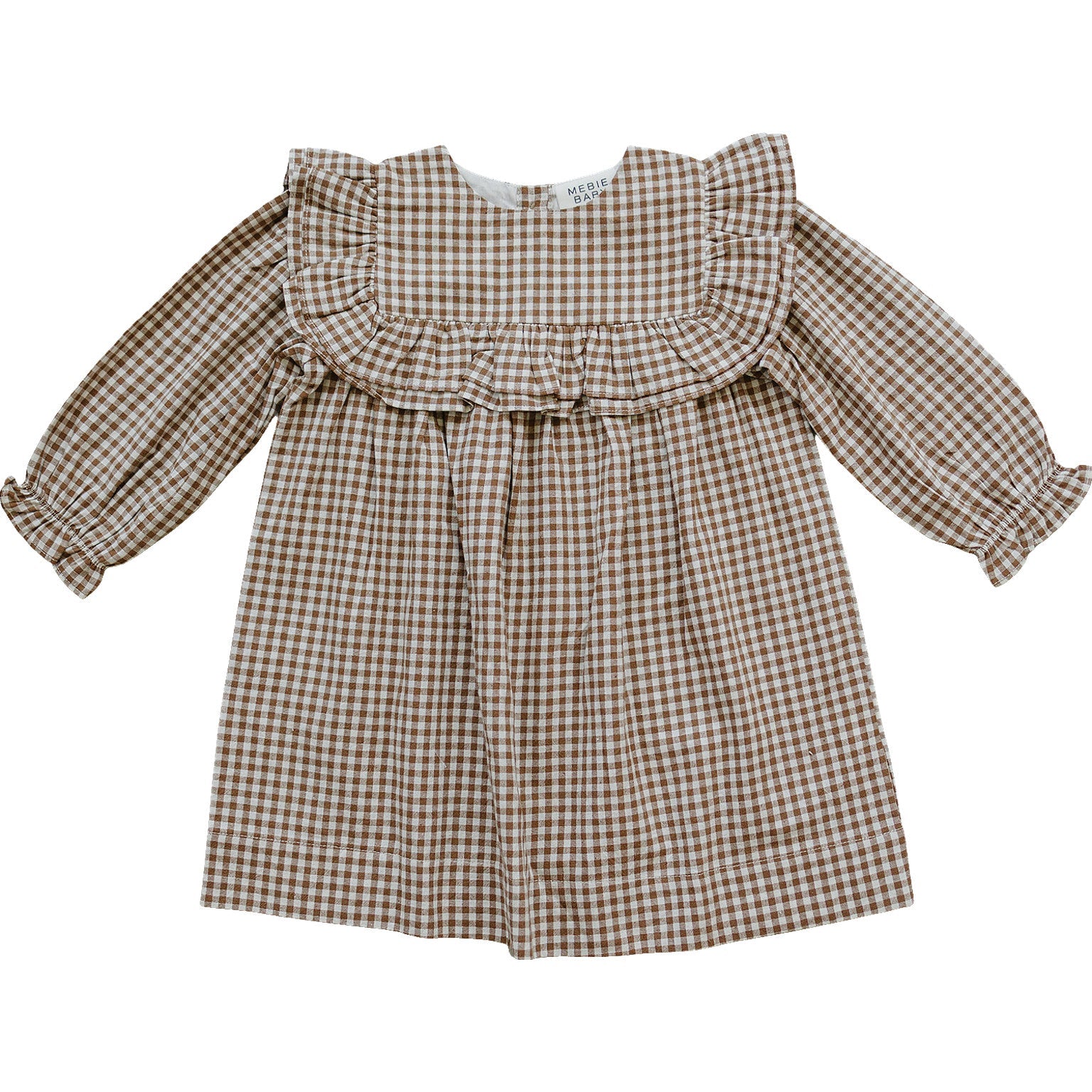 Mebie Baby Gingham Ruffle Dress - Tan Long Sleeve Toddler Dress Mebie Baby Gingham Ruffle Dress - Tan Long Sleeve Toddler Dress