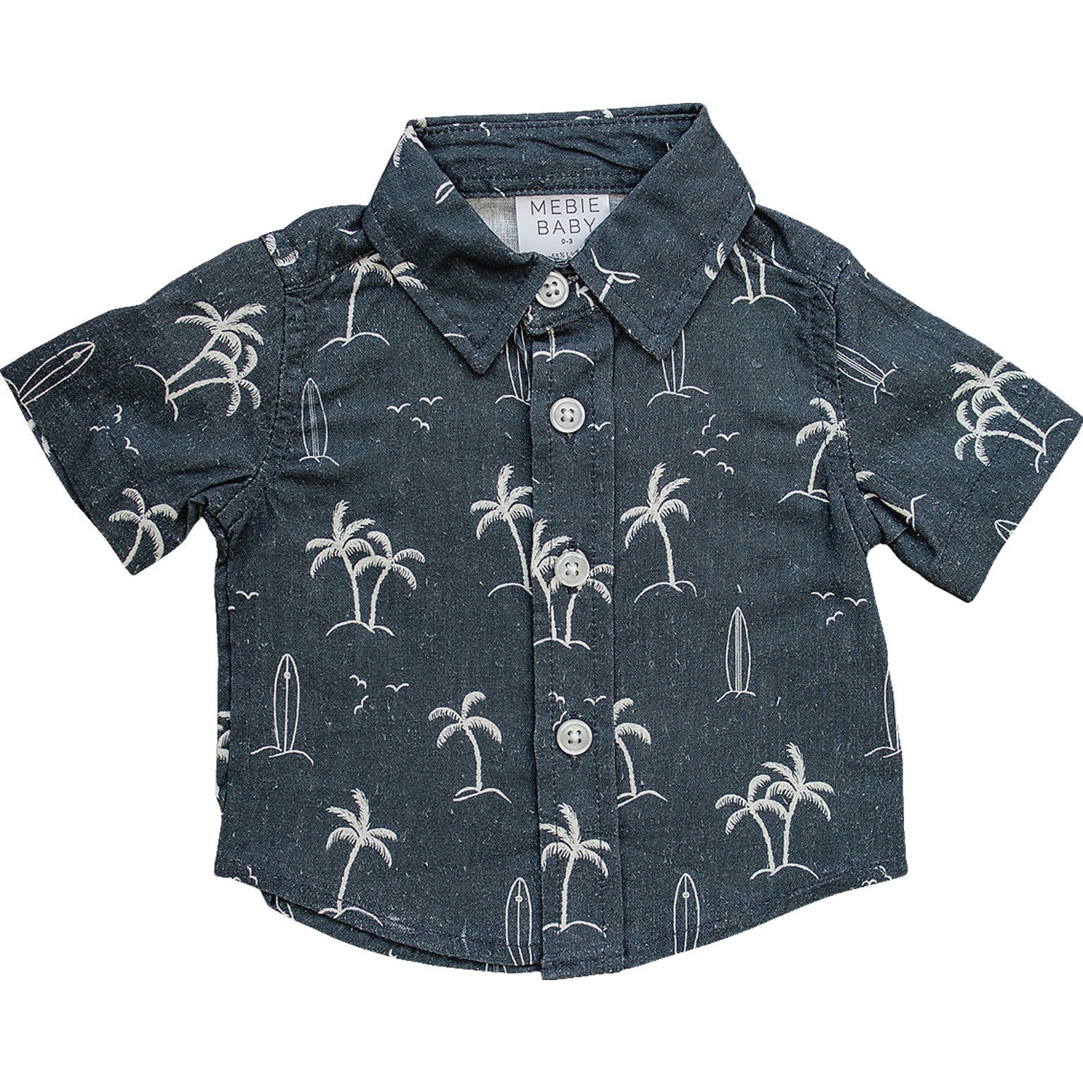 Mebie Baby Button Up Shirt – Navy Surfer, Palm Tree Print