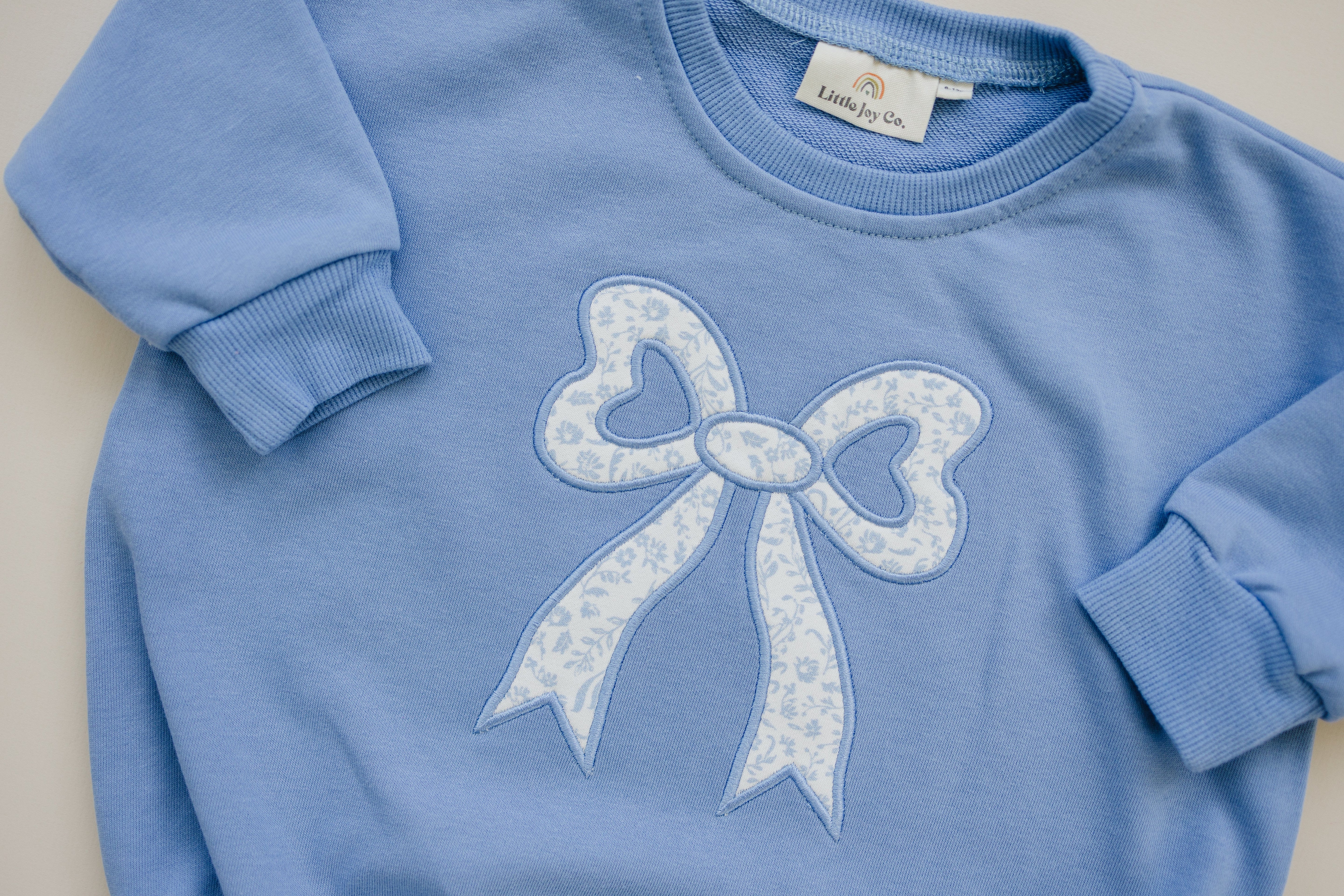 Blue Toile Applique Bow Sweatshirt Romper Or Crewneck