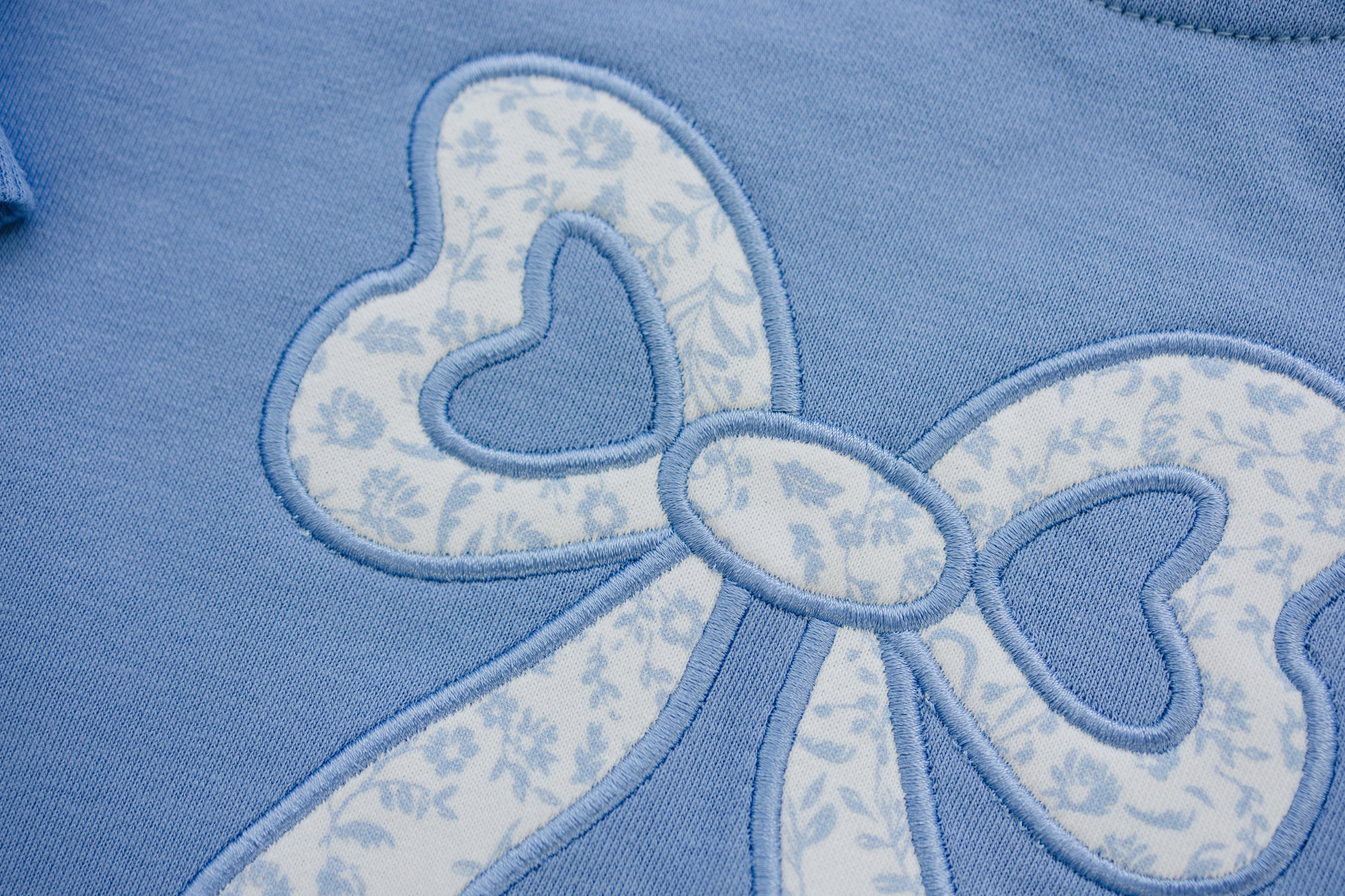 Blue Toile Applique Bow Sweatshirt Romper Or Crewneck