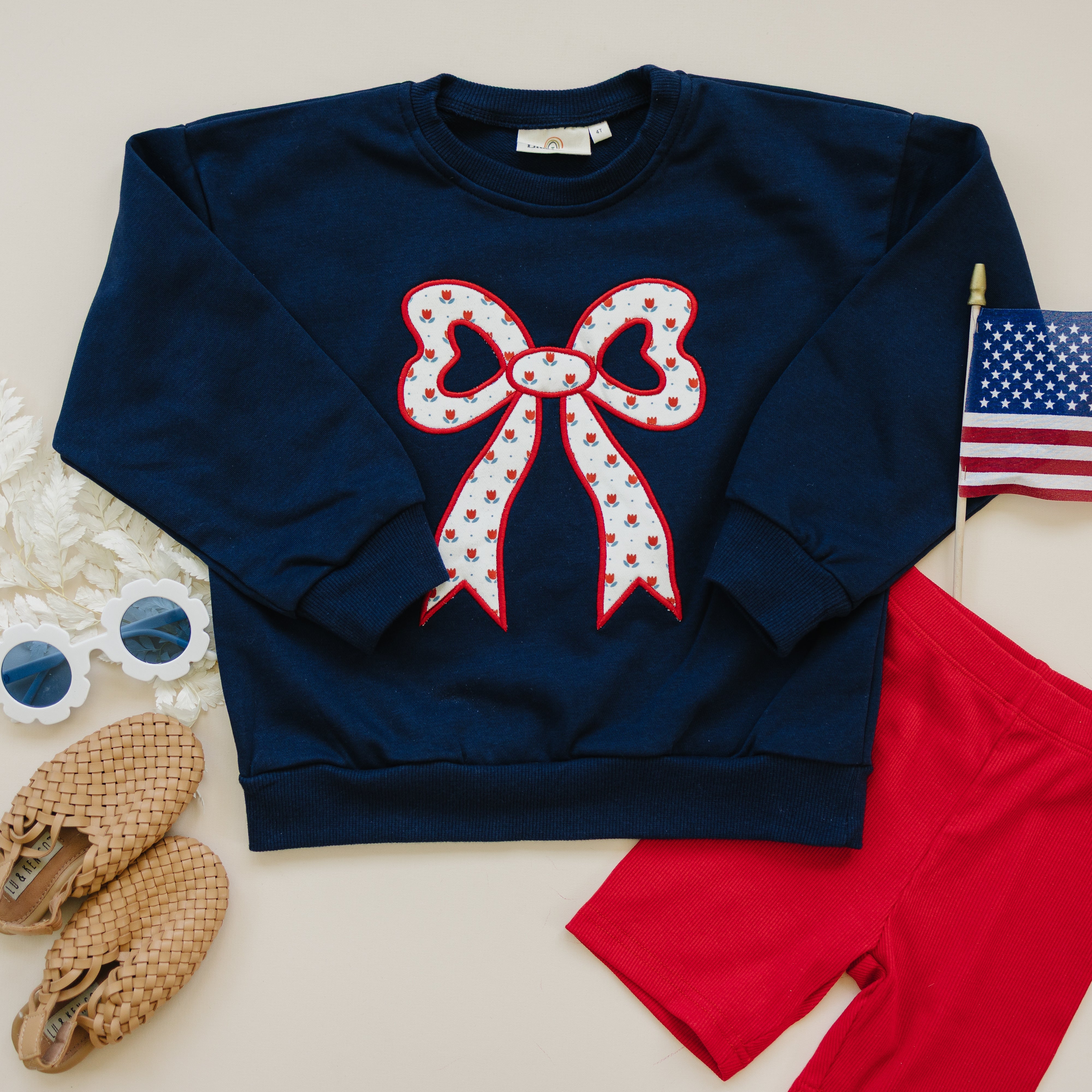 4th Of July Tulip Bow Applique Crewneck Sweatshirt