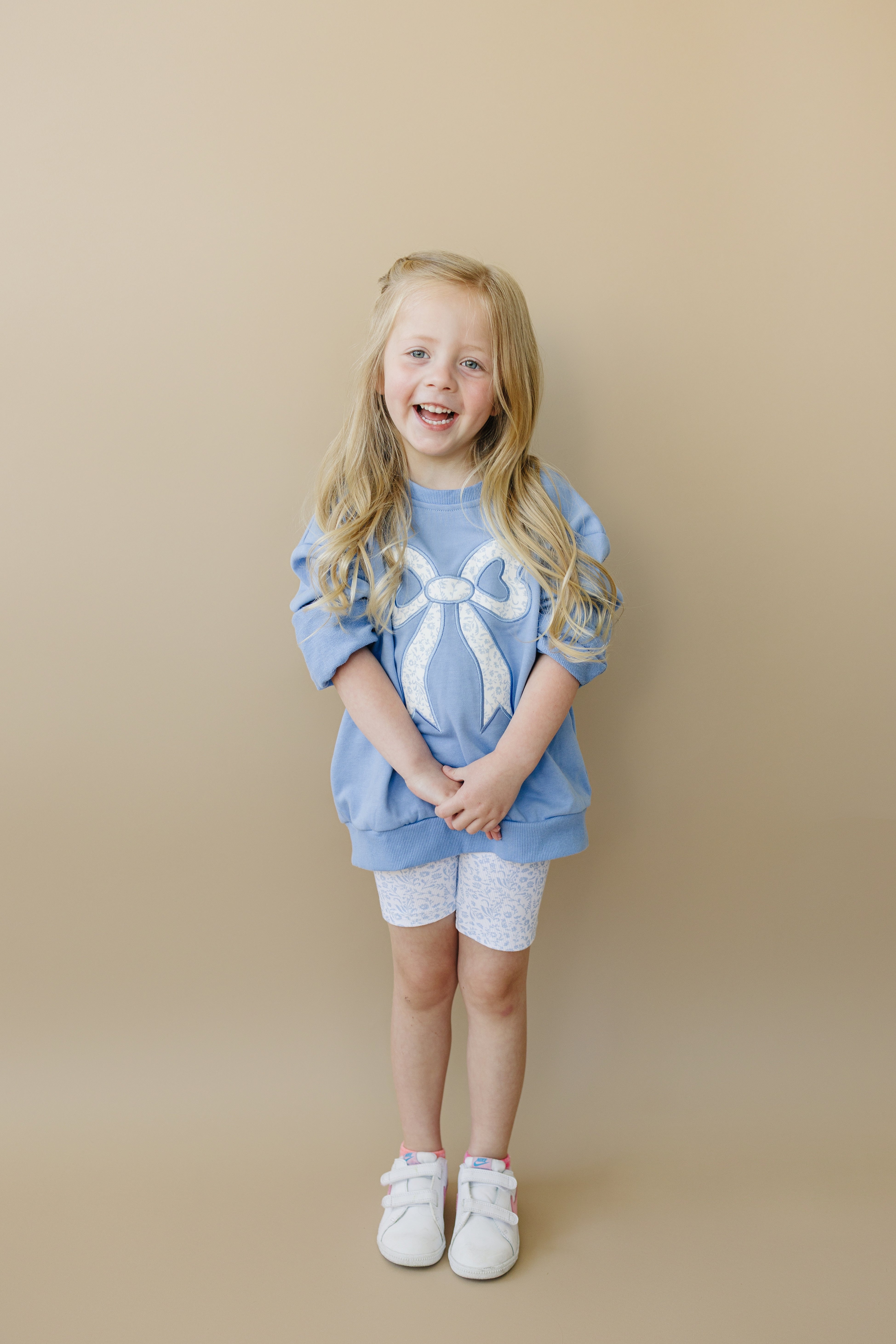 Blue Toile Applique Bow Sweatshirt Romper Or Crewneck