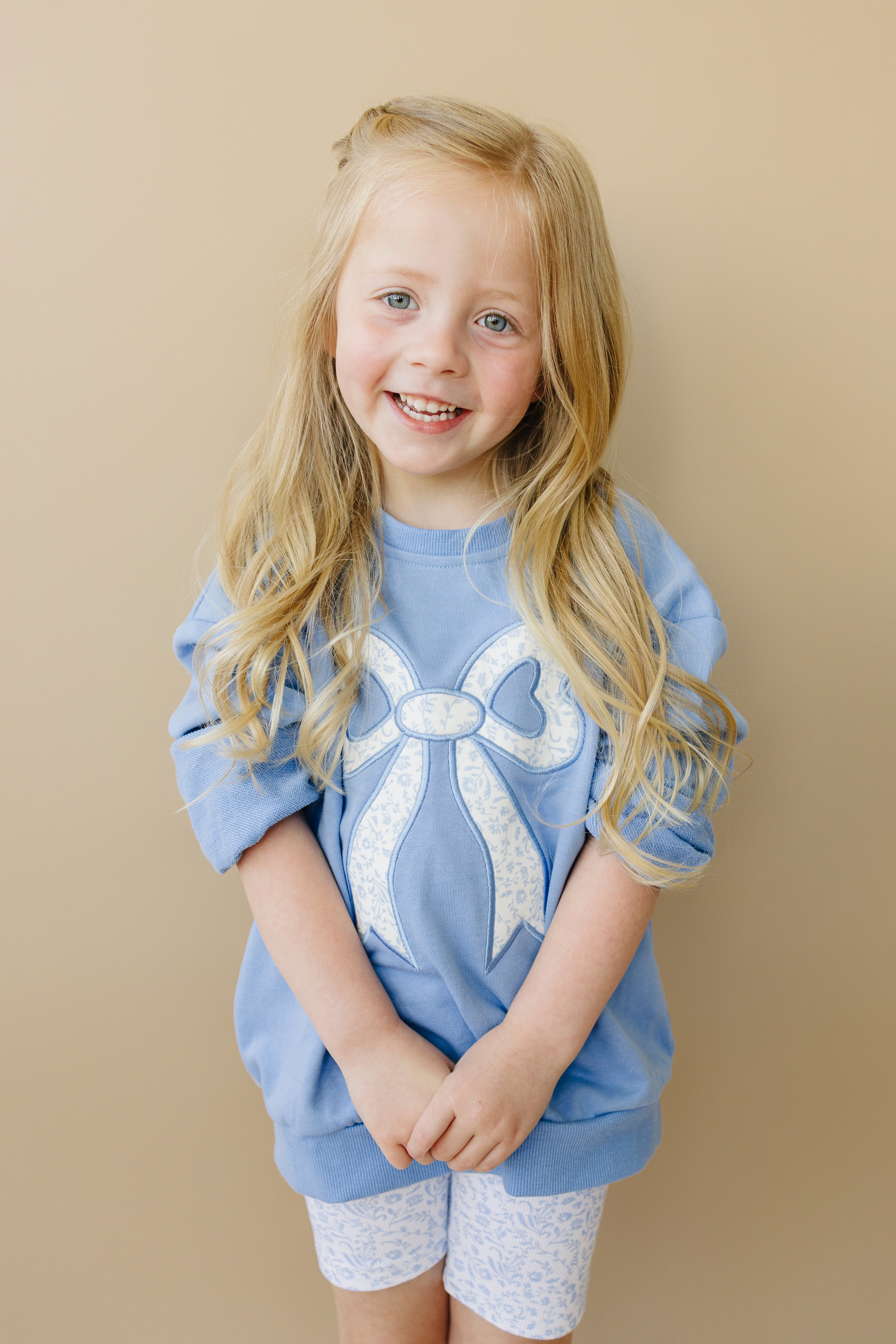 Blue Toile Applique Bow Sweatshirt Romper Or Crewneck