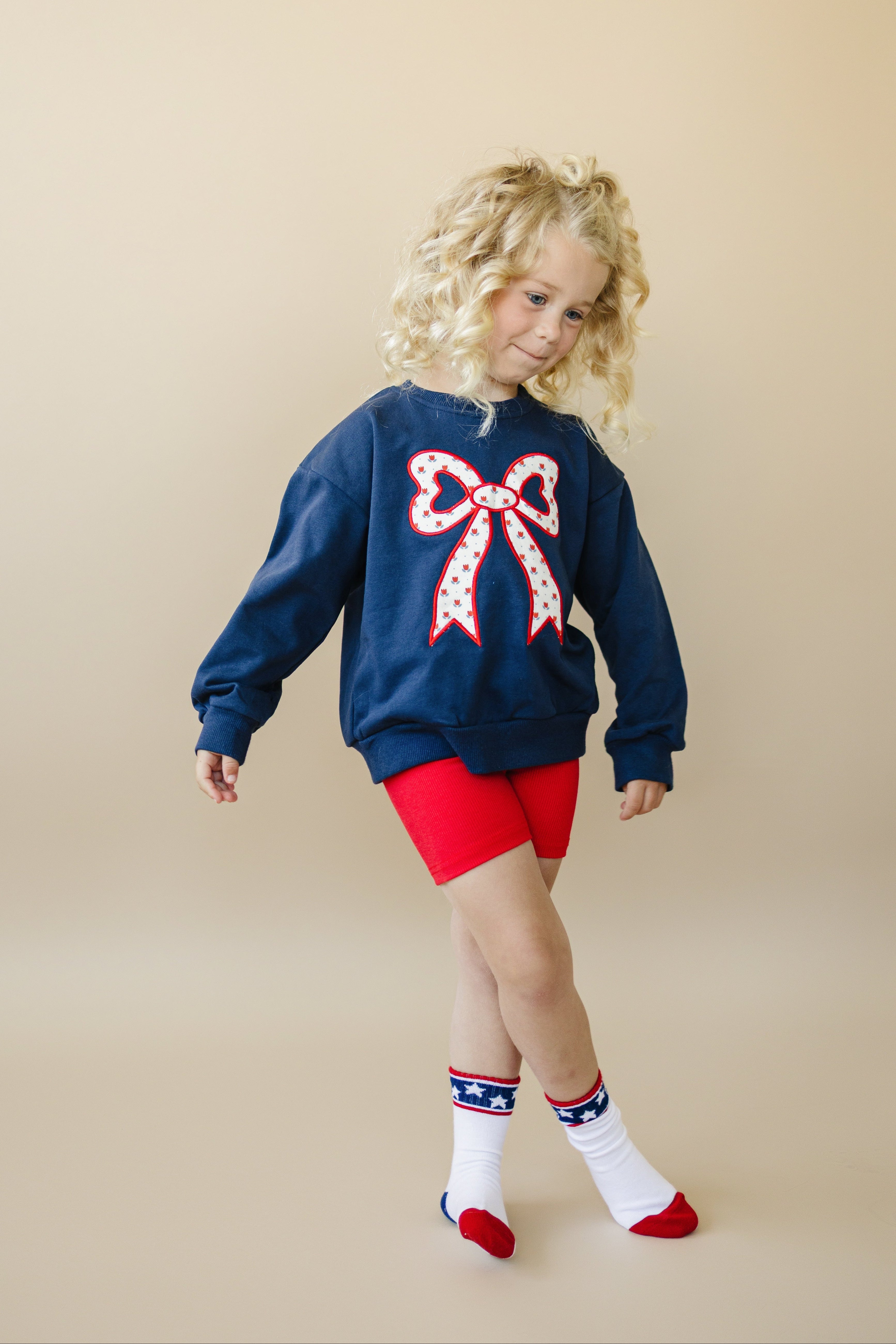 4th Of July Tulip Bow Applique Crewneck Sweatshirt